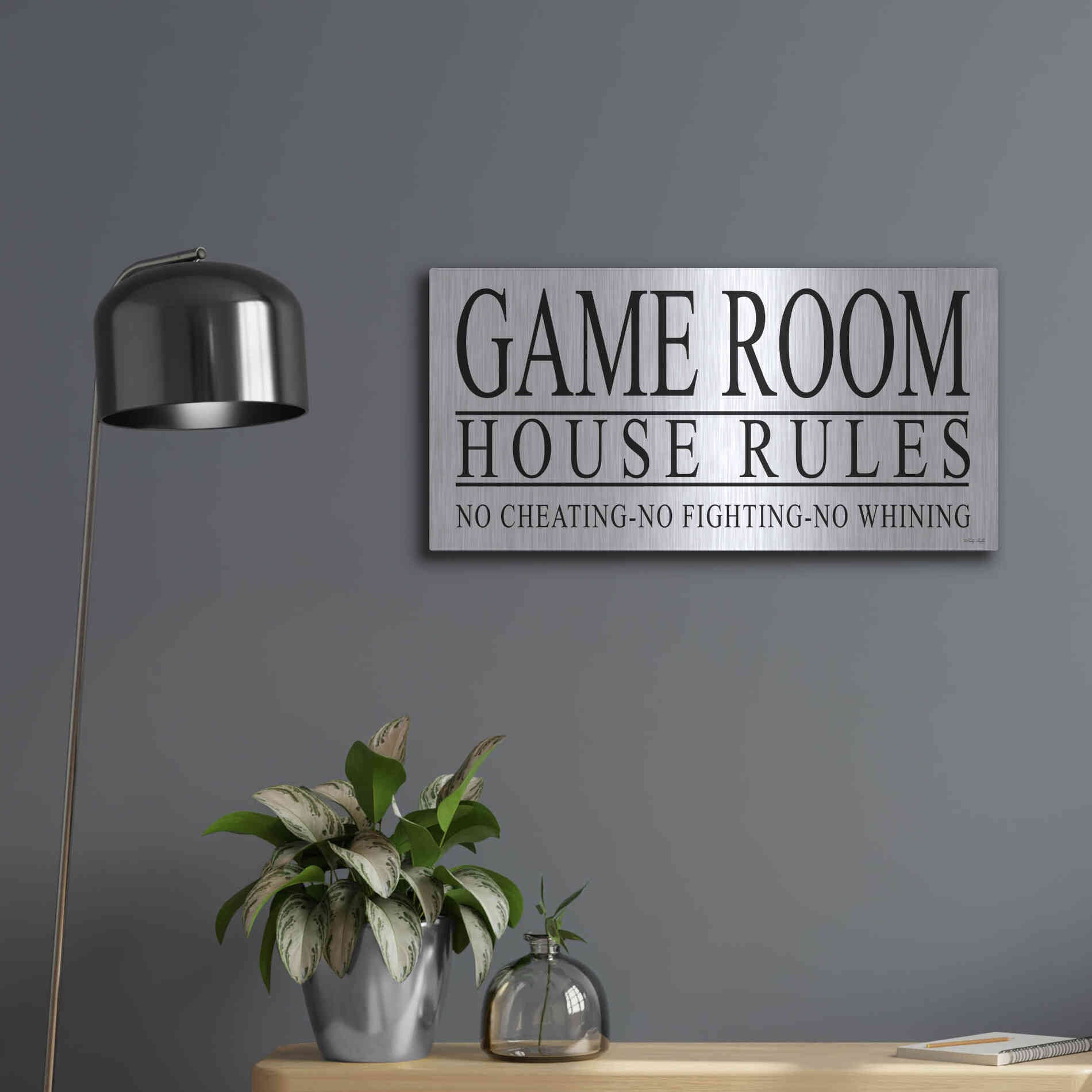 Luxe Metal Art 'Game Room House Rules I' by Cindy Jacobs, Metal Wall Art,24x12
