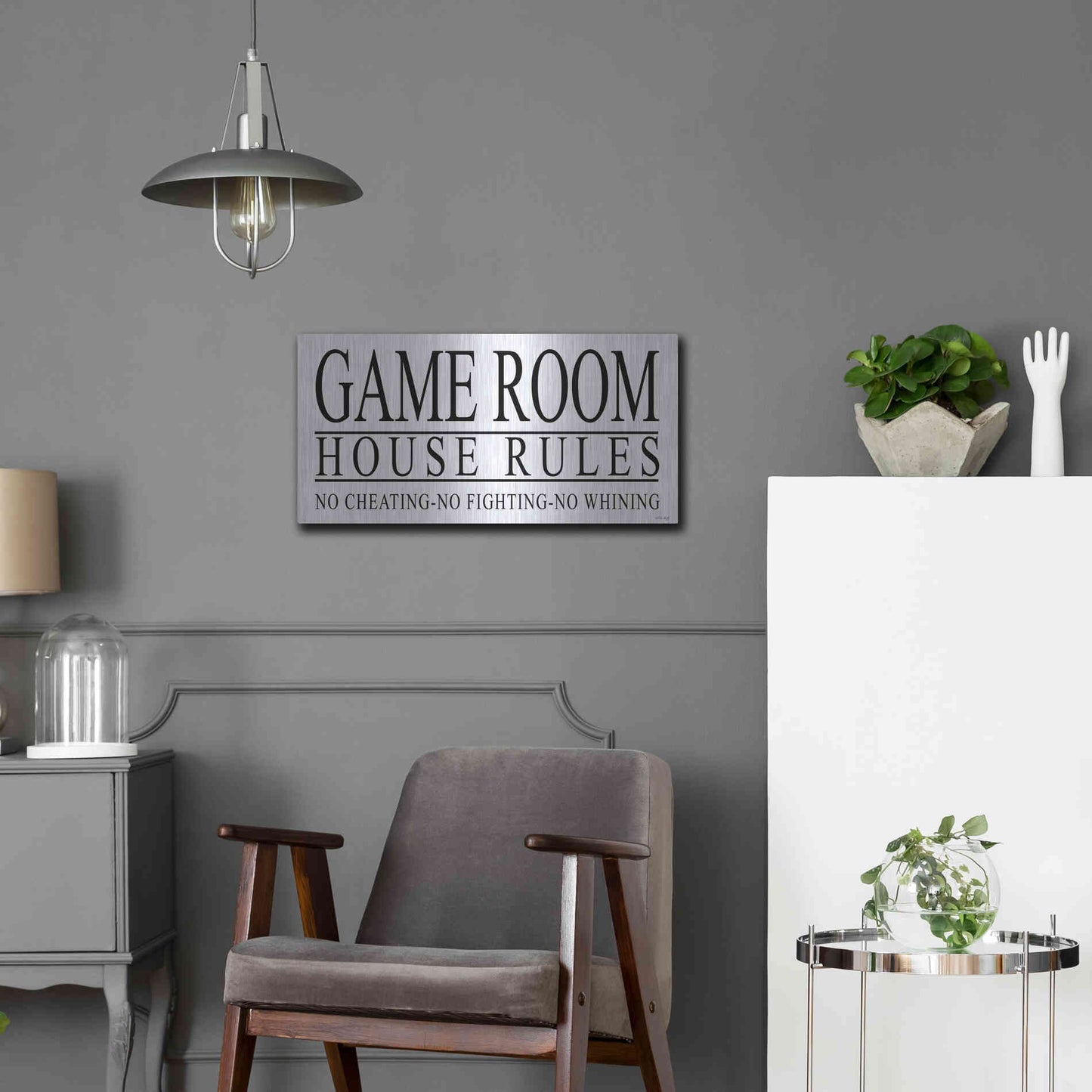 Luxe Metal Art 'Game Room House Rules I' by Cindy Jacobs, Metal Wall Art,24x12