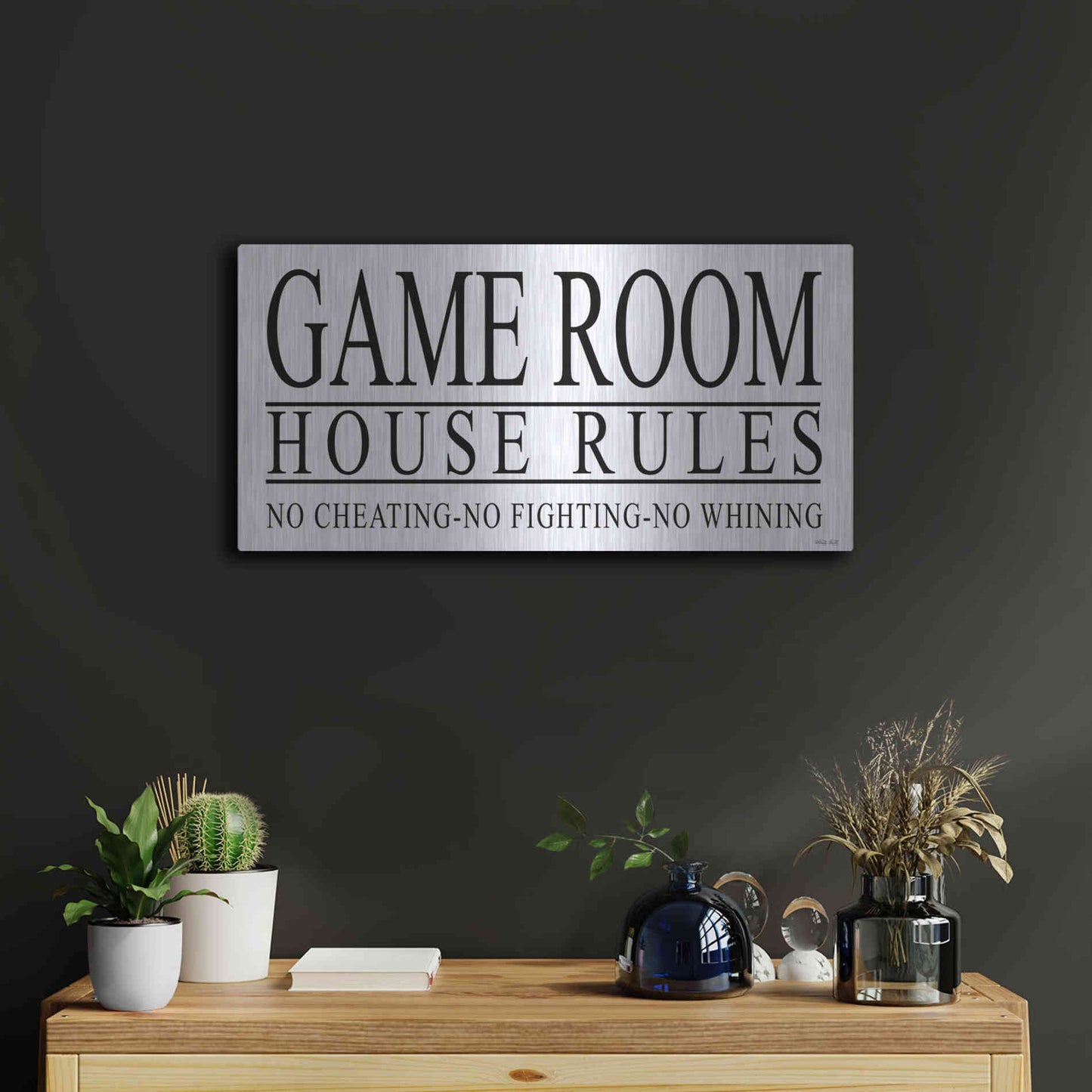 Luxe Metal Art 'Game Room House Rules I' by Cindy Jacobs, Metal Wall Art,24x12
