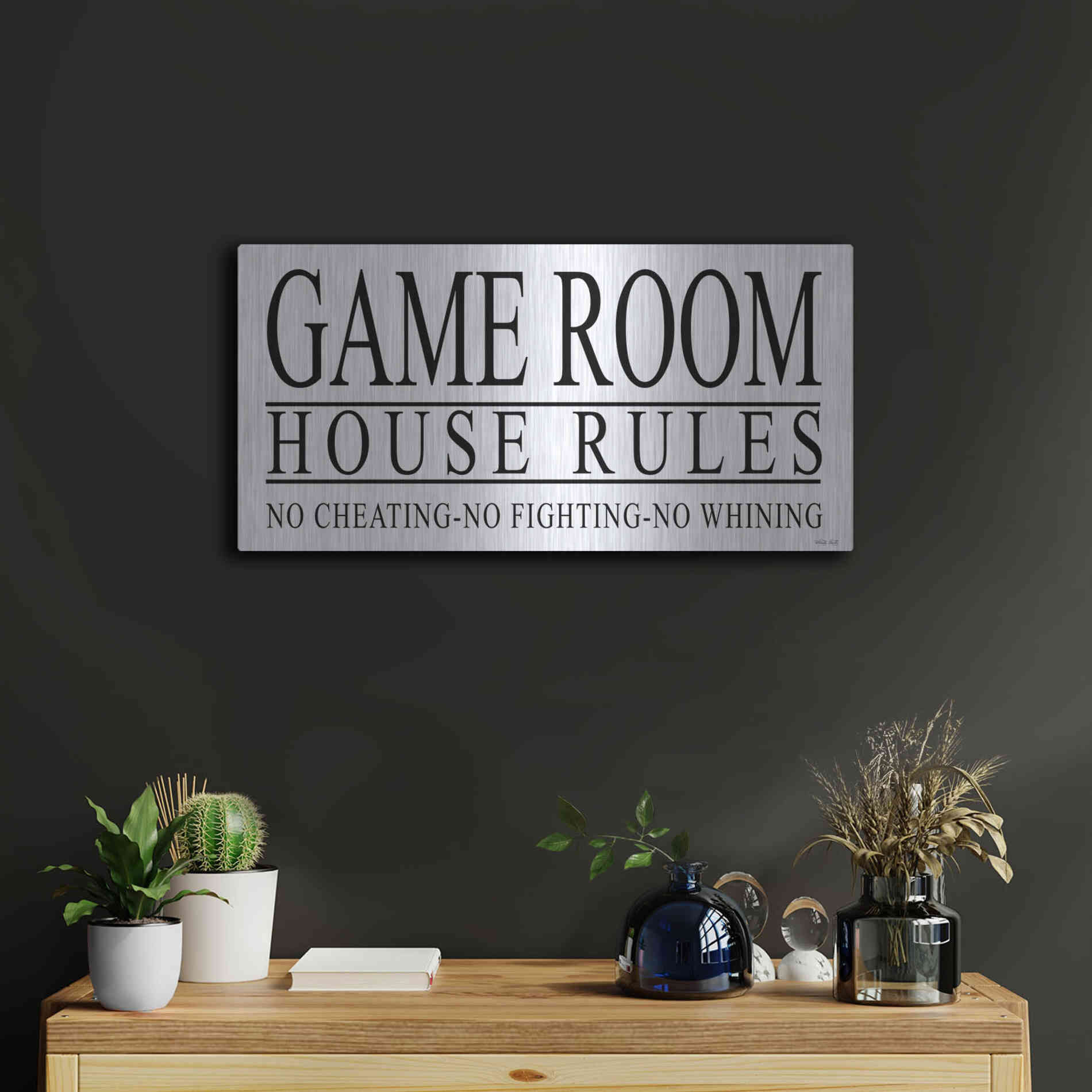 Luxe Metal Art 'Game Room House Rules I' by Cindy Jacobs, Metal Wall Art,24x12