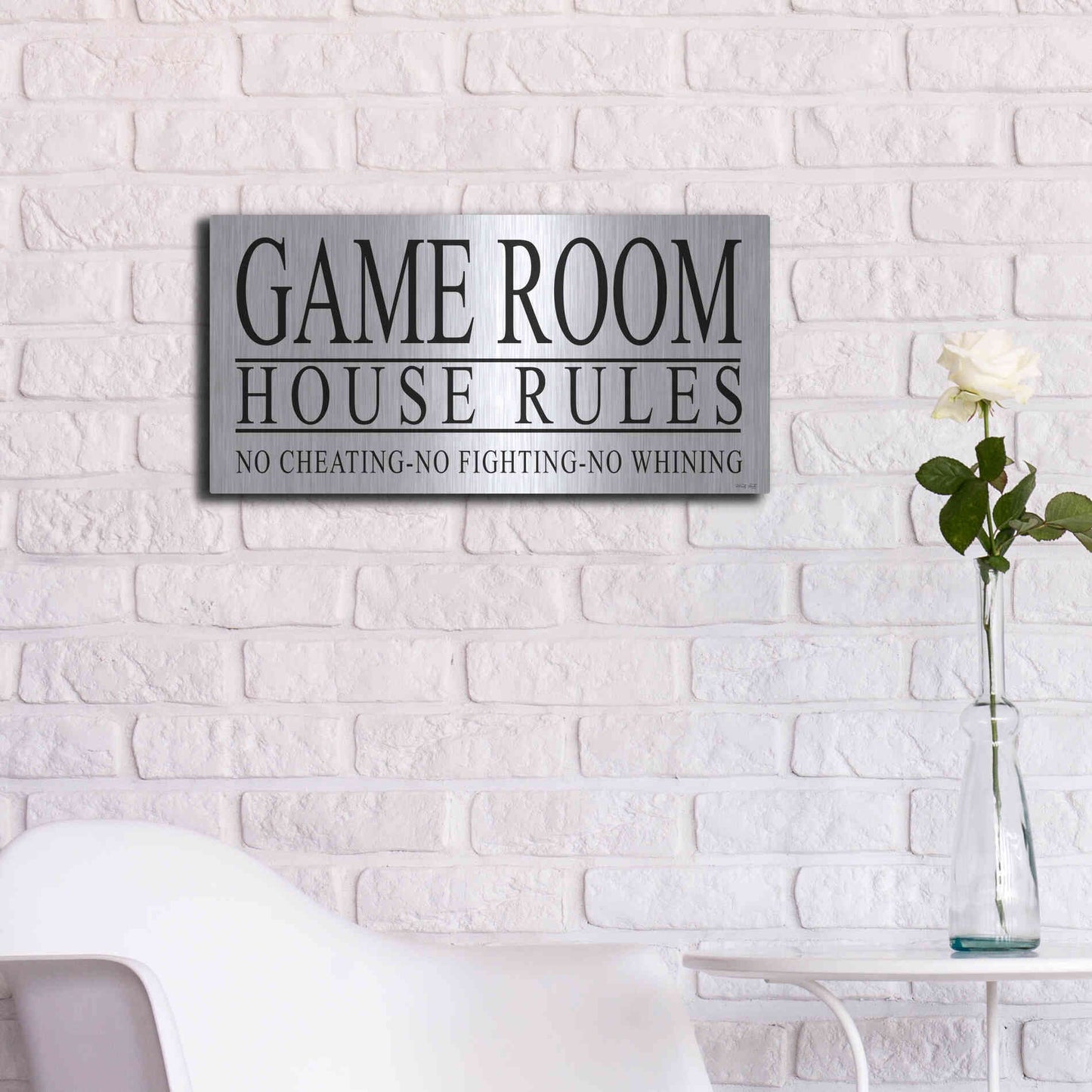 Luxe Metal Art 'Game Room House Rules I' by Cindy Jacobs, Metal Wall Art,24x12