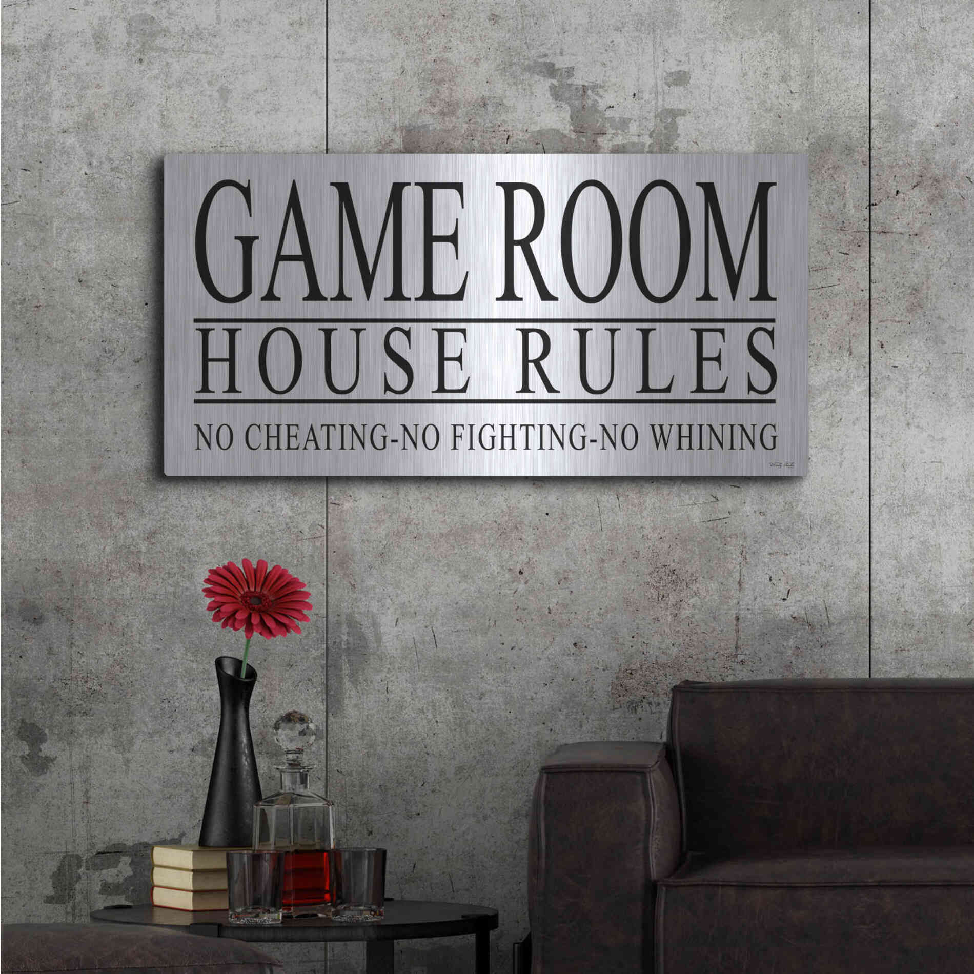 Luxe Metal Art 'Game Room House Rules I' by Cindy Jacobs, Metal Wall Art,48x24