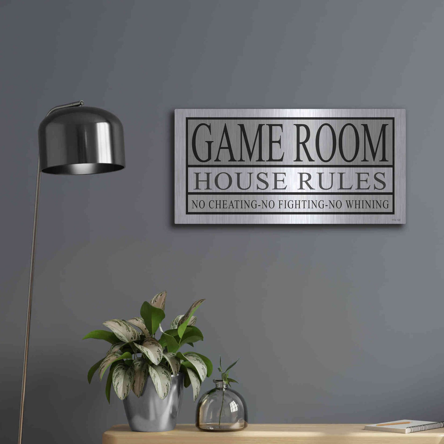 Luxe Metal Art 'Game Room House Rules II' by Cindy Jacobs, Metal Wall Art,24x12