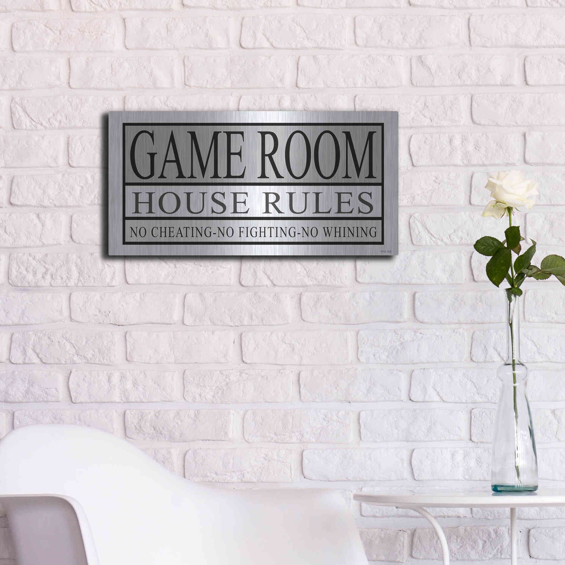 Luxe Metal Art 'Game Room House Rules II' by Cindy Jacobs, Metal Wall Art,24x12