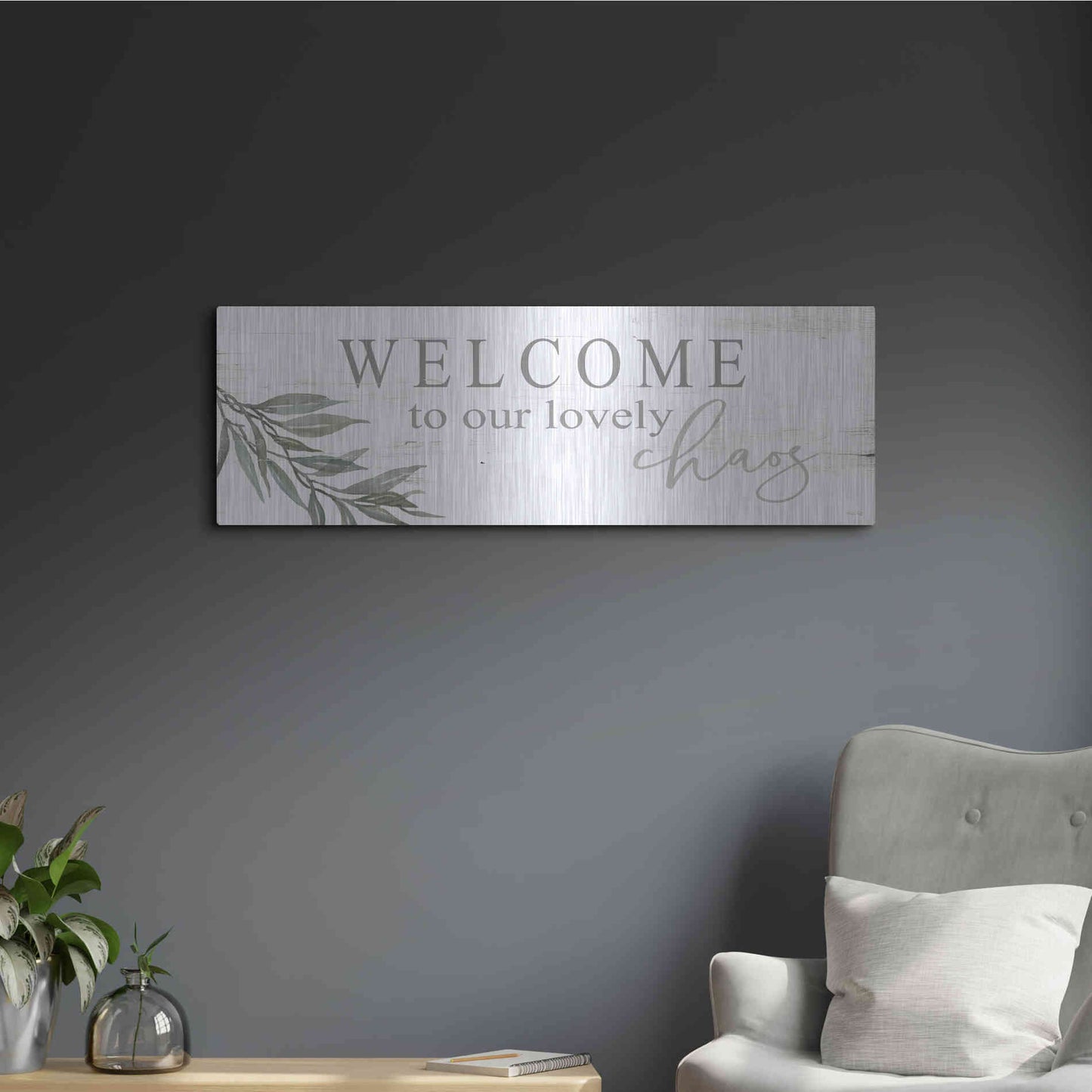 Luxe Metal Art 'Welcome to Our Lovely Chaos' by Cindy Jacobs, Metal Wall Art,36x12
