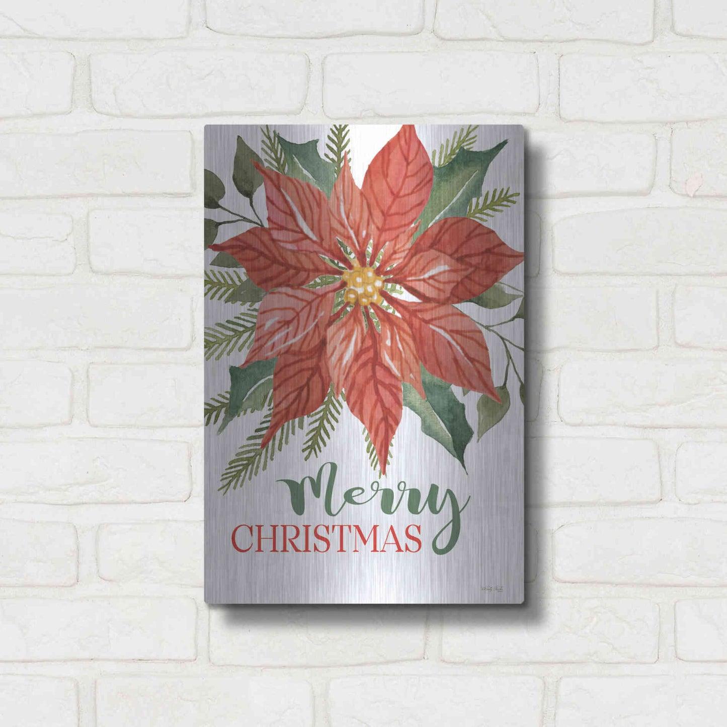 Luxe Metal Art 'Merry Christmas Poinsettia 2' by Cindy Jacobs, Metal Wall Art,12x16