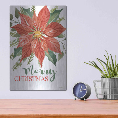 Luxe Metal Art 'Merry Christmas Poinsettia 2' by Cindy Jacobs, Metal Wall Art,12x16