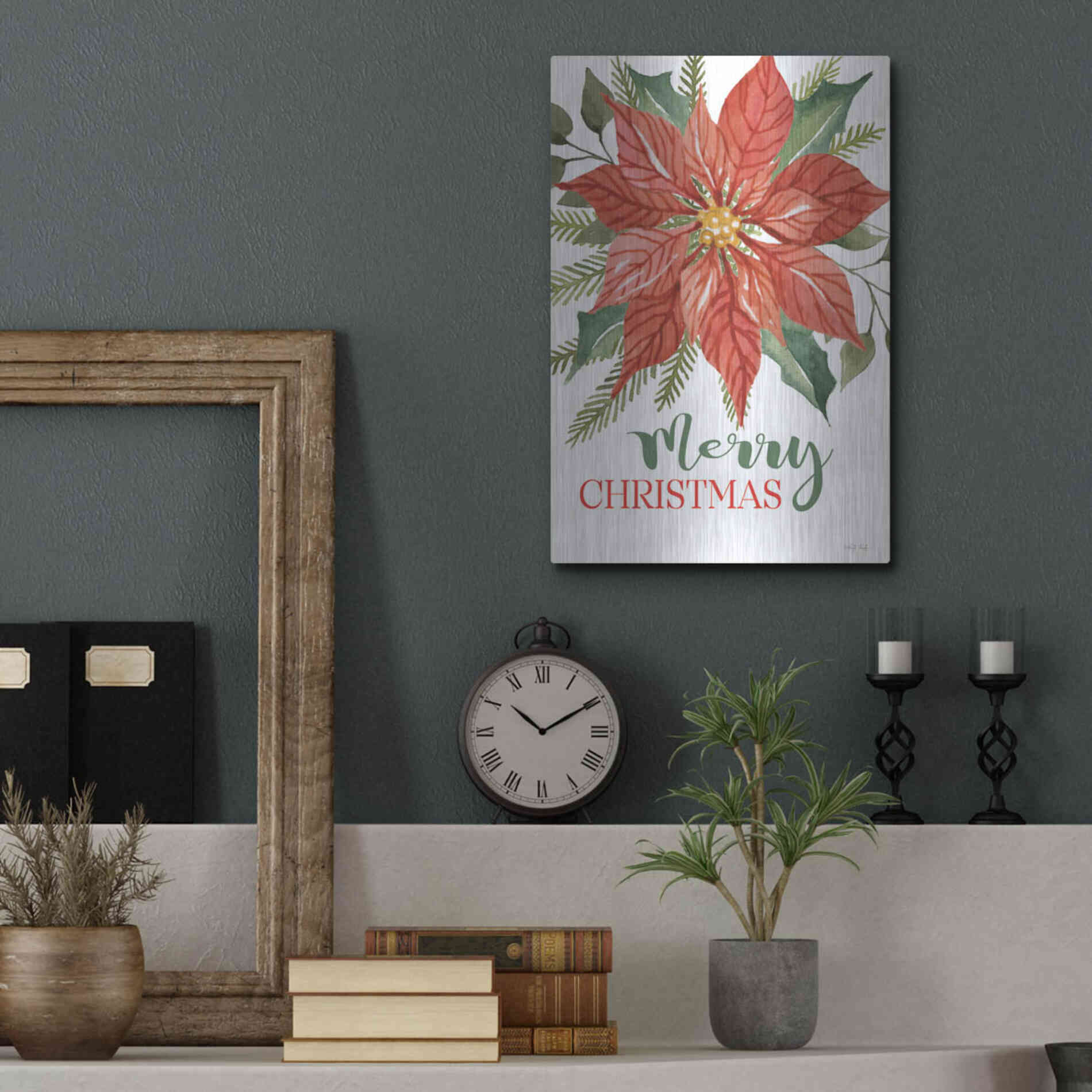 Luxe Metal Art 'Merry Christmas Poinsettia 2' by Cindy Jacobs, Metal Wall Art,12x16