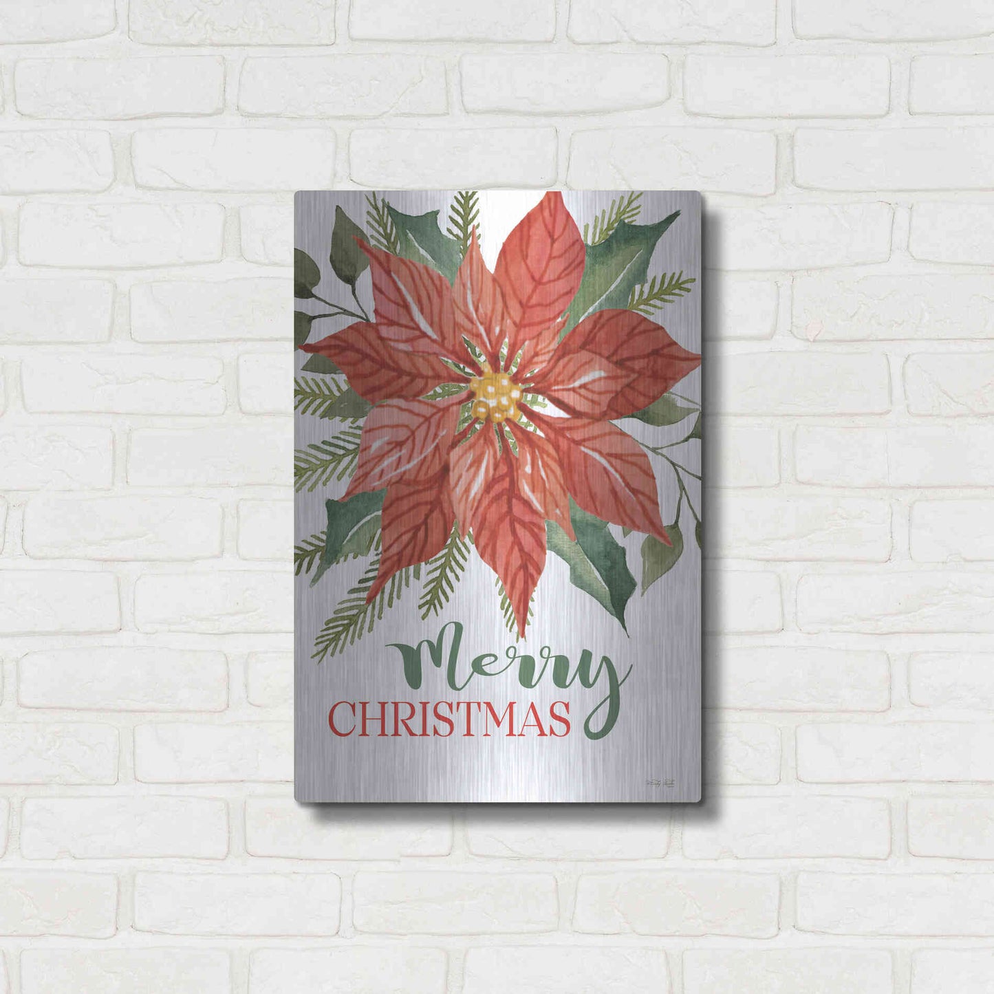 Luxe Metal Art 'Merry Christmas Poinsettia 2' by Cindy Jacobs, Metal Wall Art,16x24