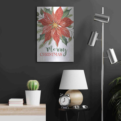 Luxe Metal Art 'Merry Christmas Poinsettia 2' by Cindy Jacobs, Metal Wall Art,16x24