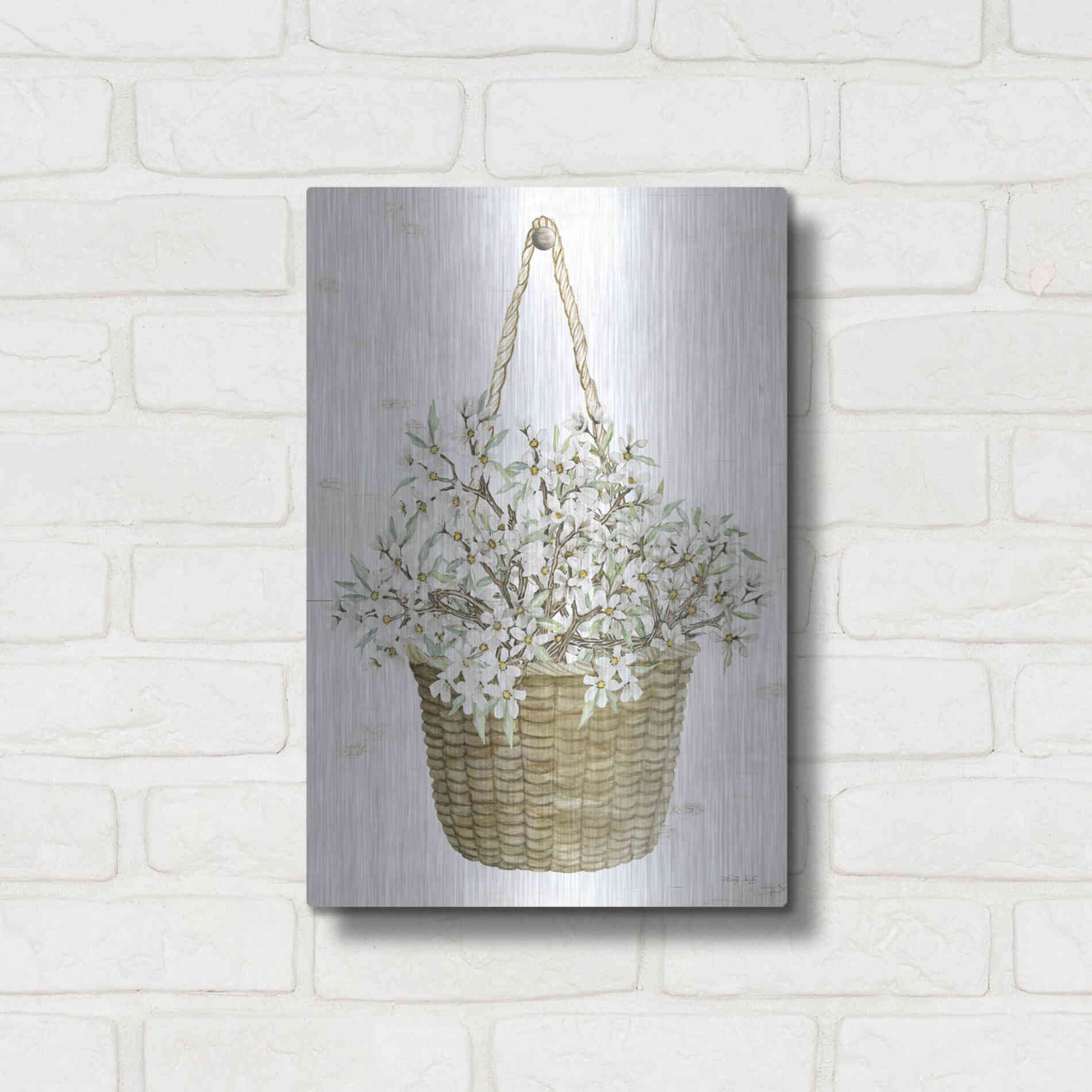 Luxe Metal Art 'Basket of Apple Blossoms' by Cindy Jacobs, Metal Wall Art,12x16