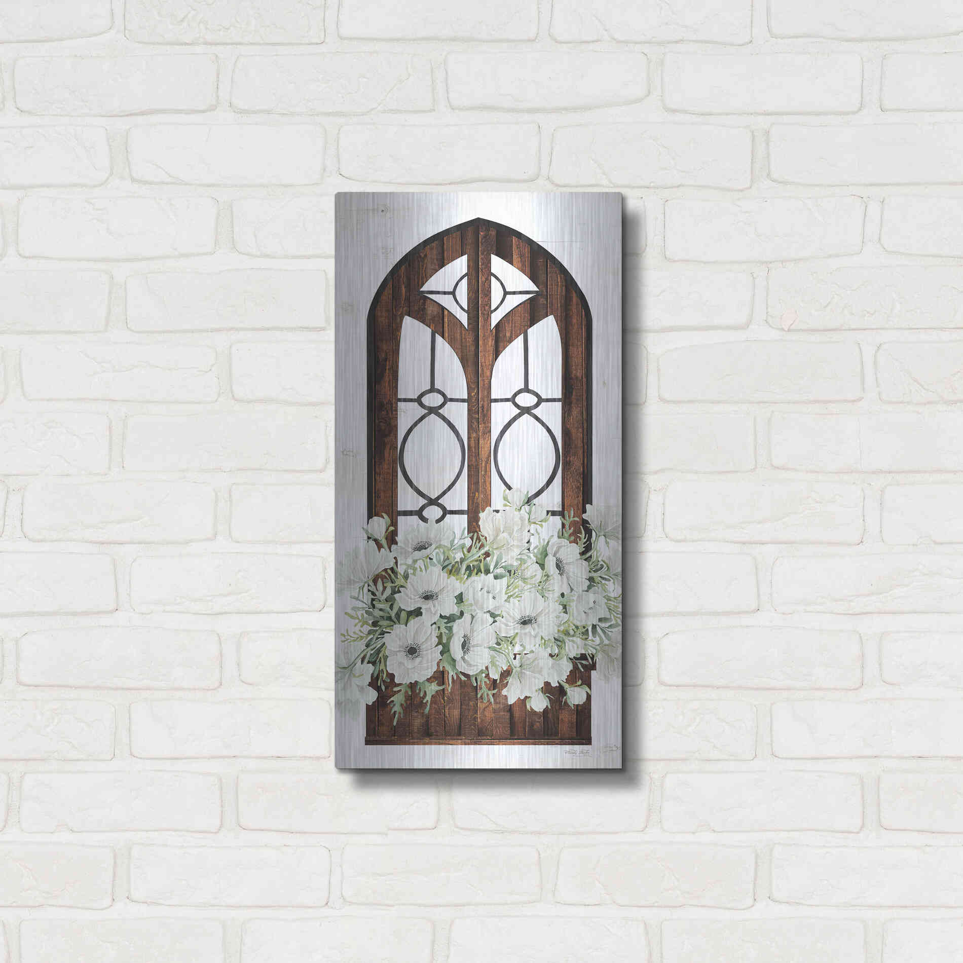 Luxe Metal Art 'Window Arch Floral I' by Cindy Jacobs, Metal Wall Art,12x24
