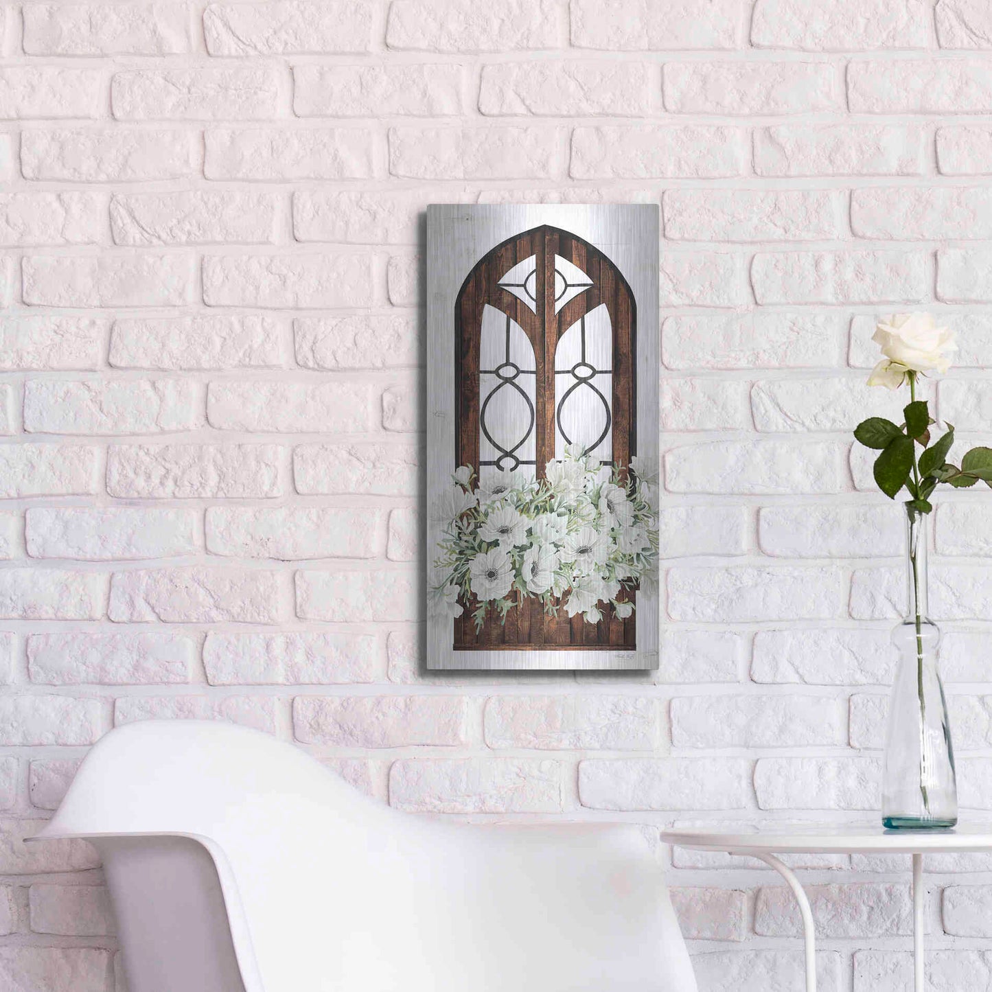 Luxe Metal Art 'Window Arch Floral I' by Cindy Jacobs, Metal Wall Art,12x24