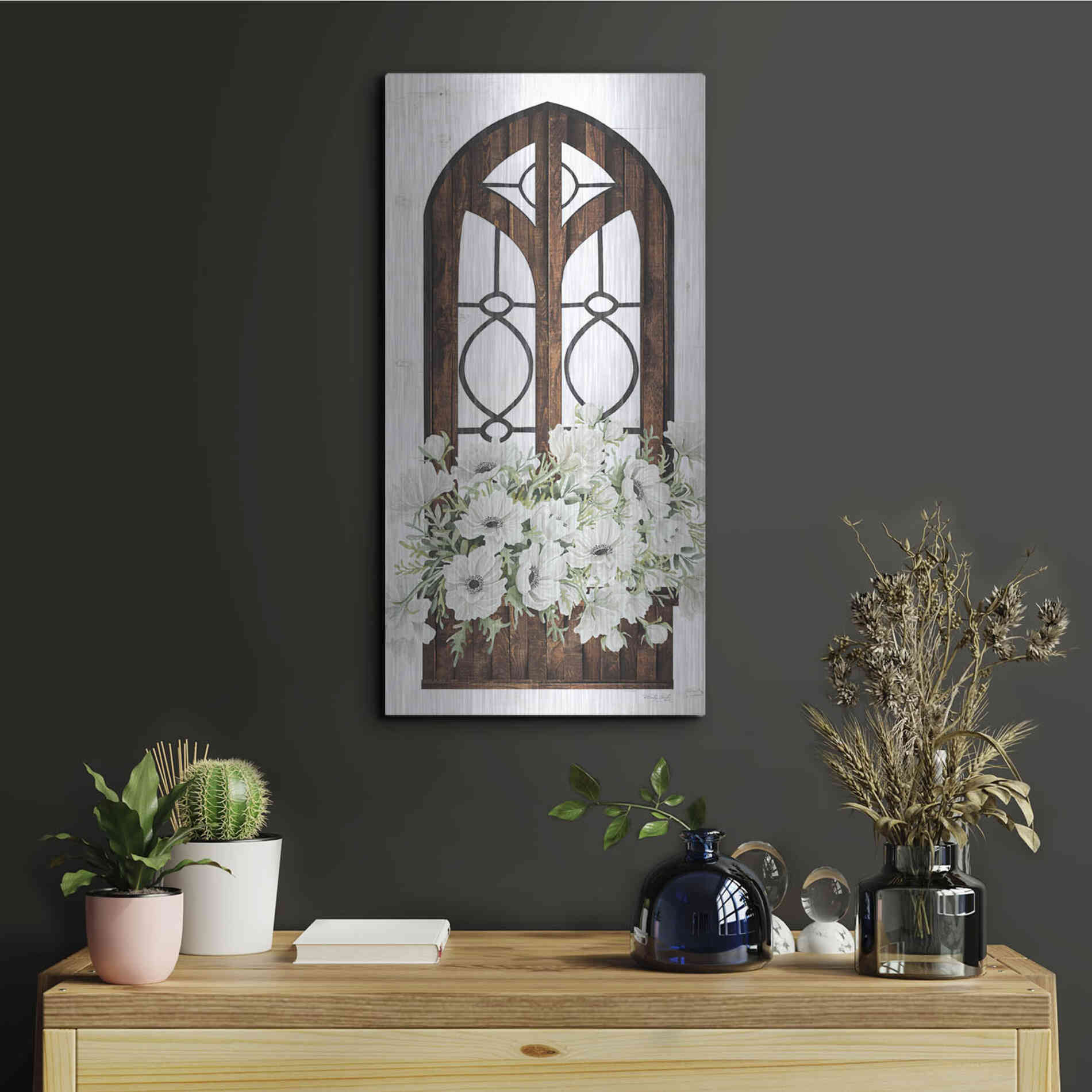 Luxe Metal Art 'Window Arch Floral I' by Cindy Jacobs, Metal Wall Art,12x24