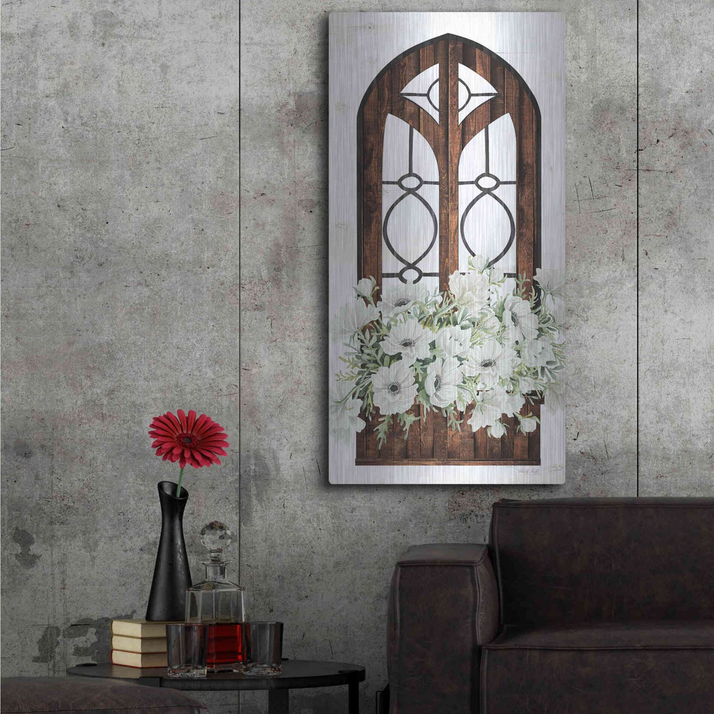 Luxe Metal Art 'Window Arch Floral I' by Cindy Jacobs, Metal Wall Art,24x48