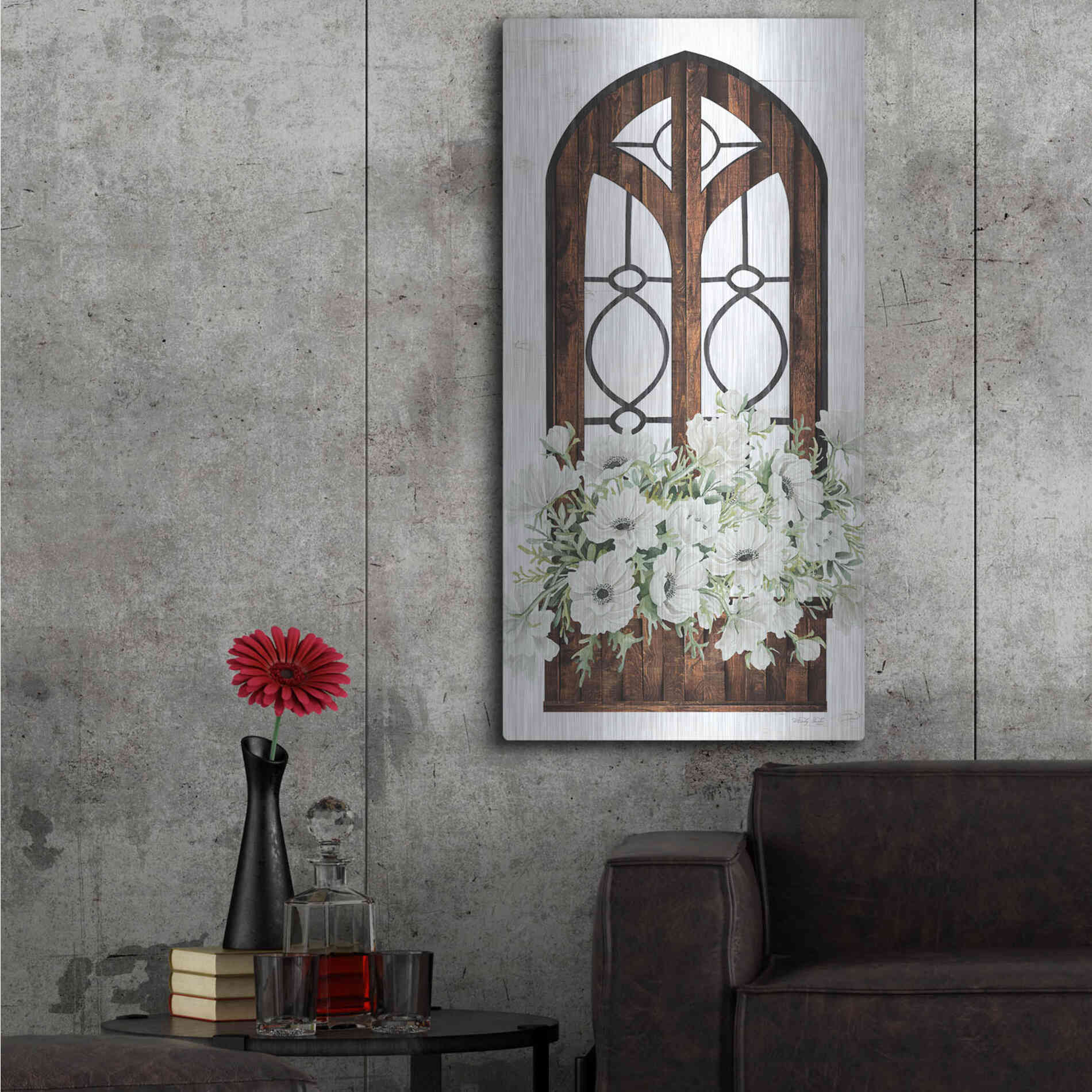 Luxe Metal Art 'Window Arch Floral I' by Cindy Jacobs, Metal Wall Art,24x48