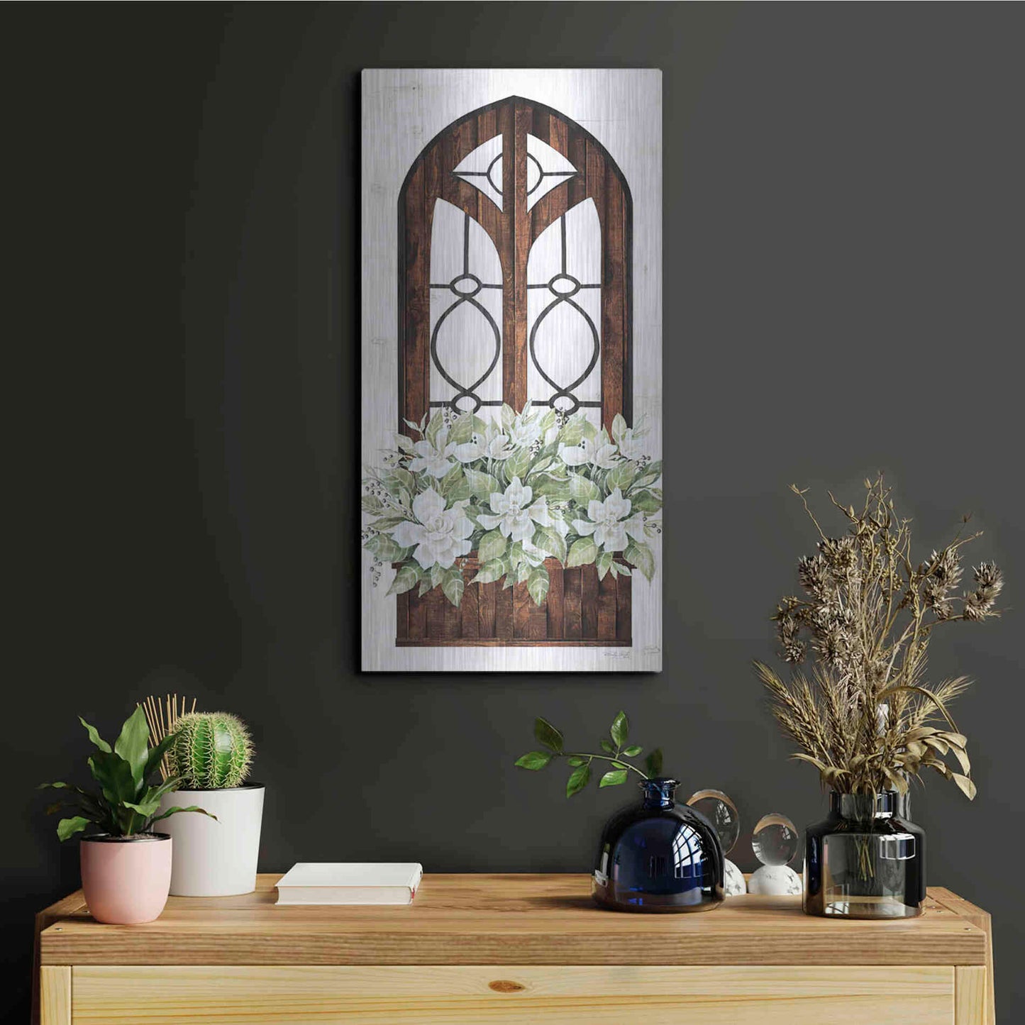 Luxe Metal Art 'Window Arch Floral II' by Cindy Jacobs, Metal Wall Art,12x24