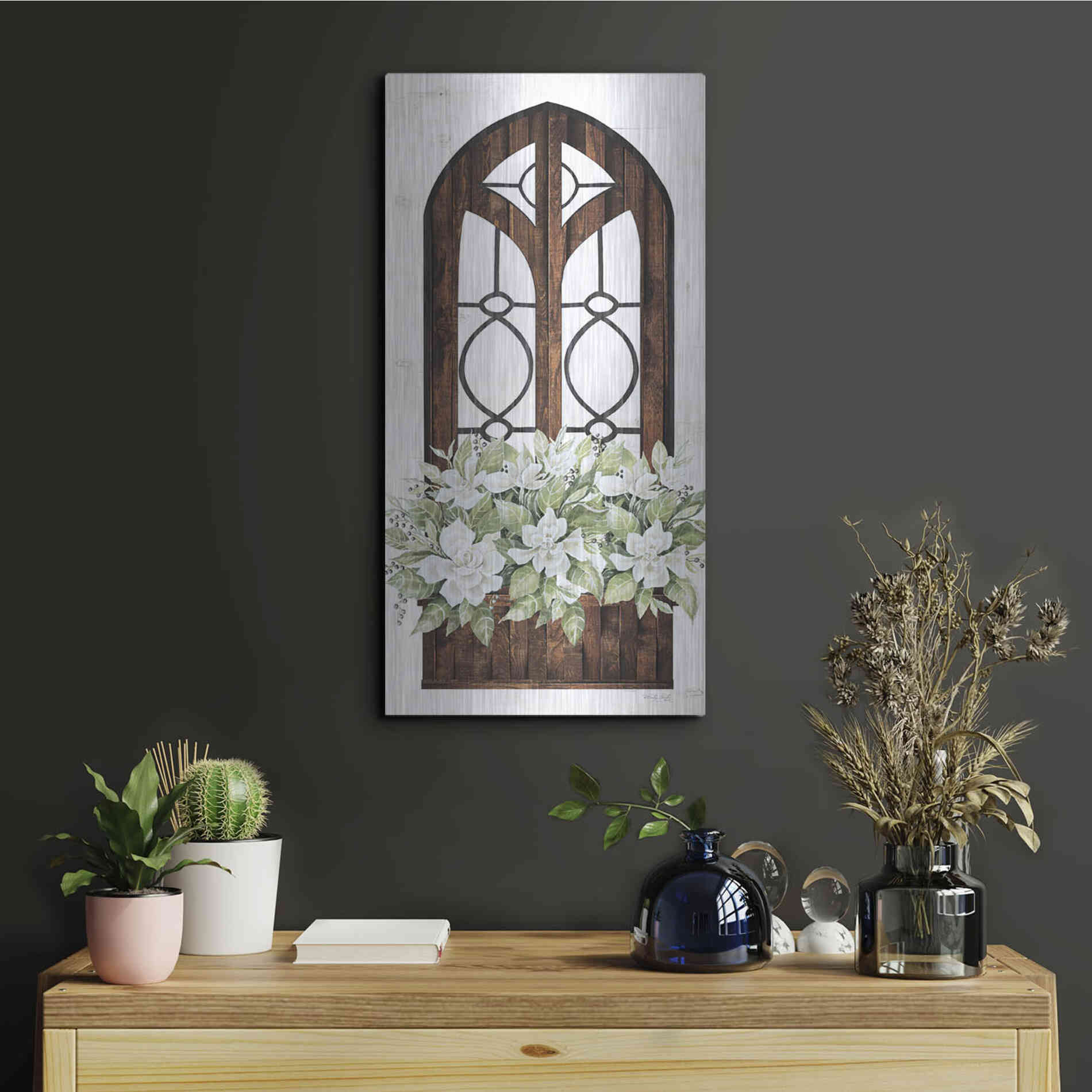 Luxe Metal Art 'Window Arch Floral II' by Cindy Jacobs, Metal Wall Art,12x24