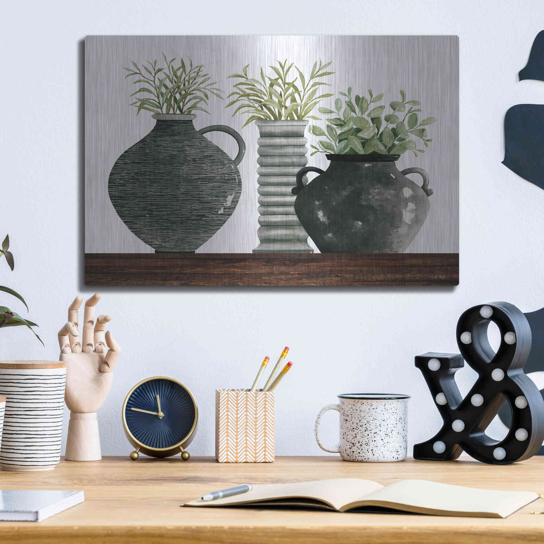 Luxe Metal Art 'Black Vase Set' by Cindy Jacobs, Metal Wall Art,16x12