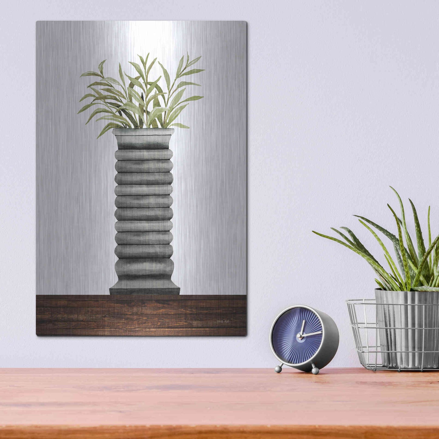 Luxe Metal Art 'Gray Vase' by Cindy Jacobs, Metal Wall Art,12x16