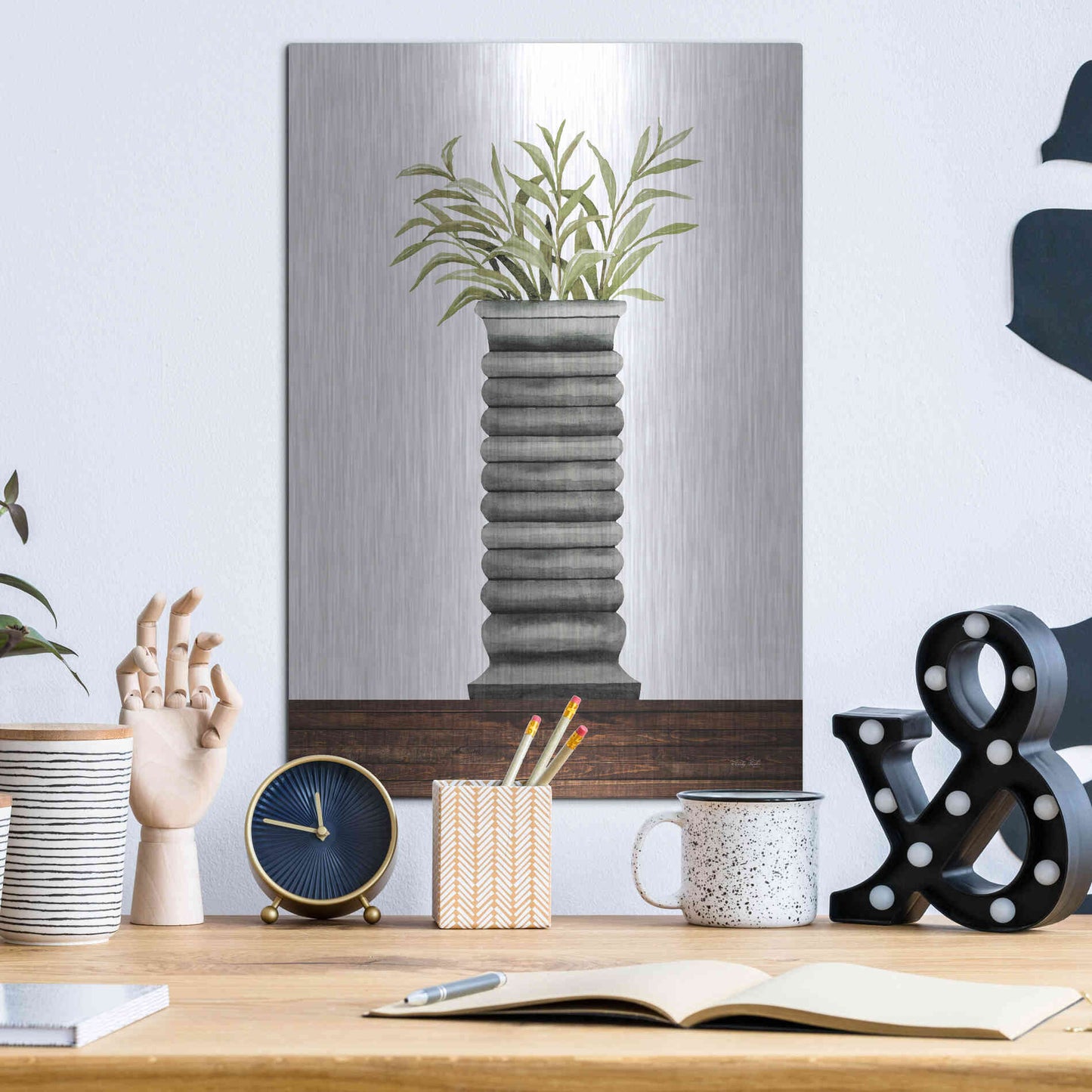 Luxe Metal Art 'Gray Vase' by Cindy Jacobs, Metal Wall Art,12x16