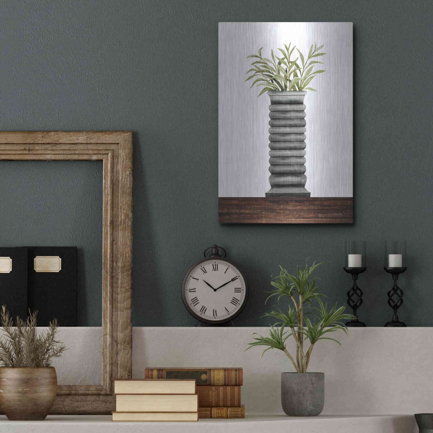 Luxe Metal Art 'Gray Vase' by Cindy Jacobs, Metal Wall Art,12x16