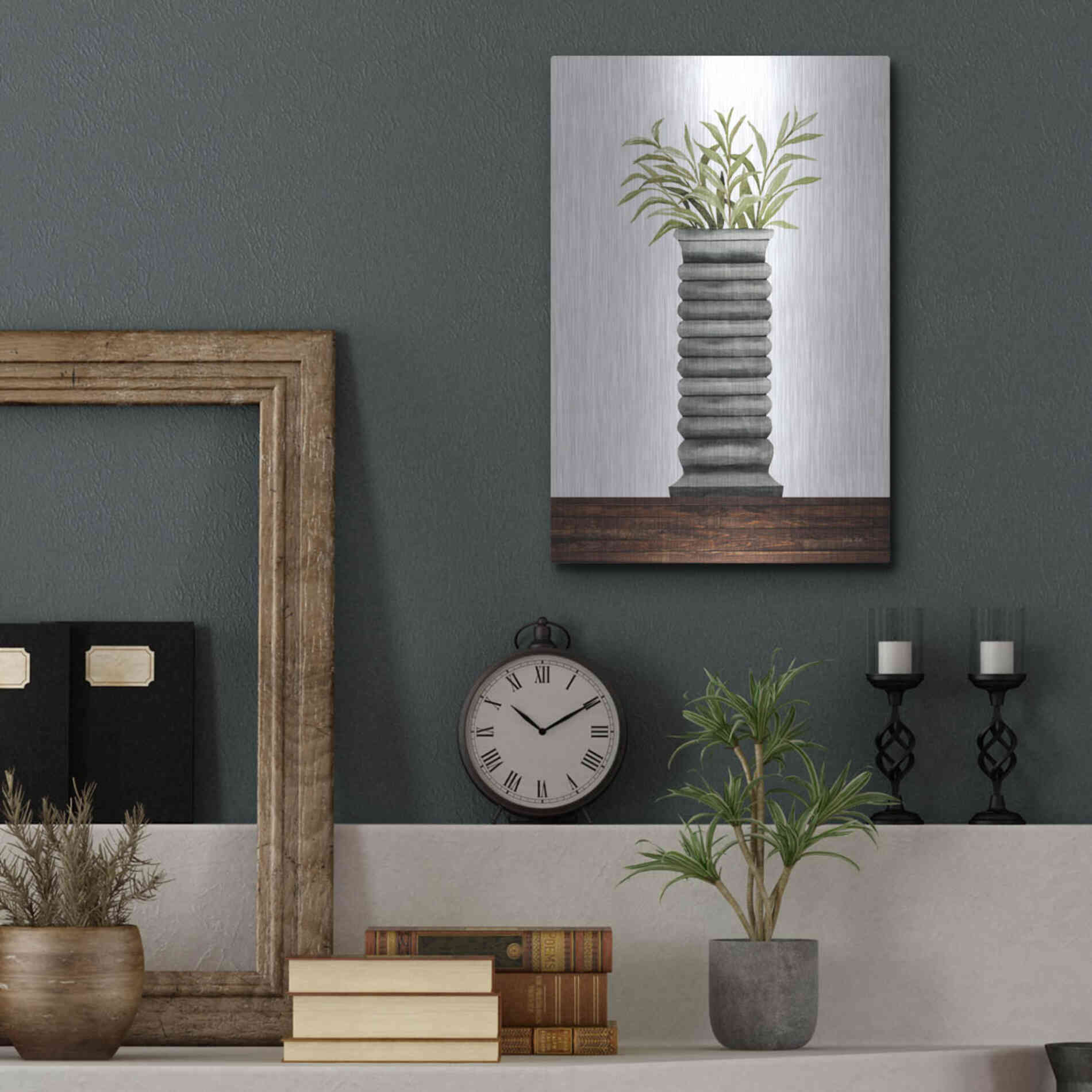 Luxe Metal Art 'Gray Vase' by Cindy Jacobs, Metal Wall Art,12x16