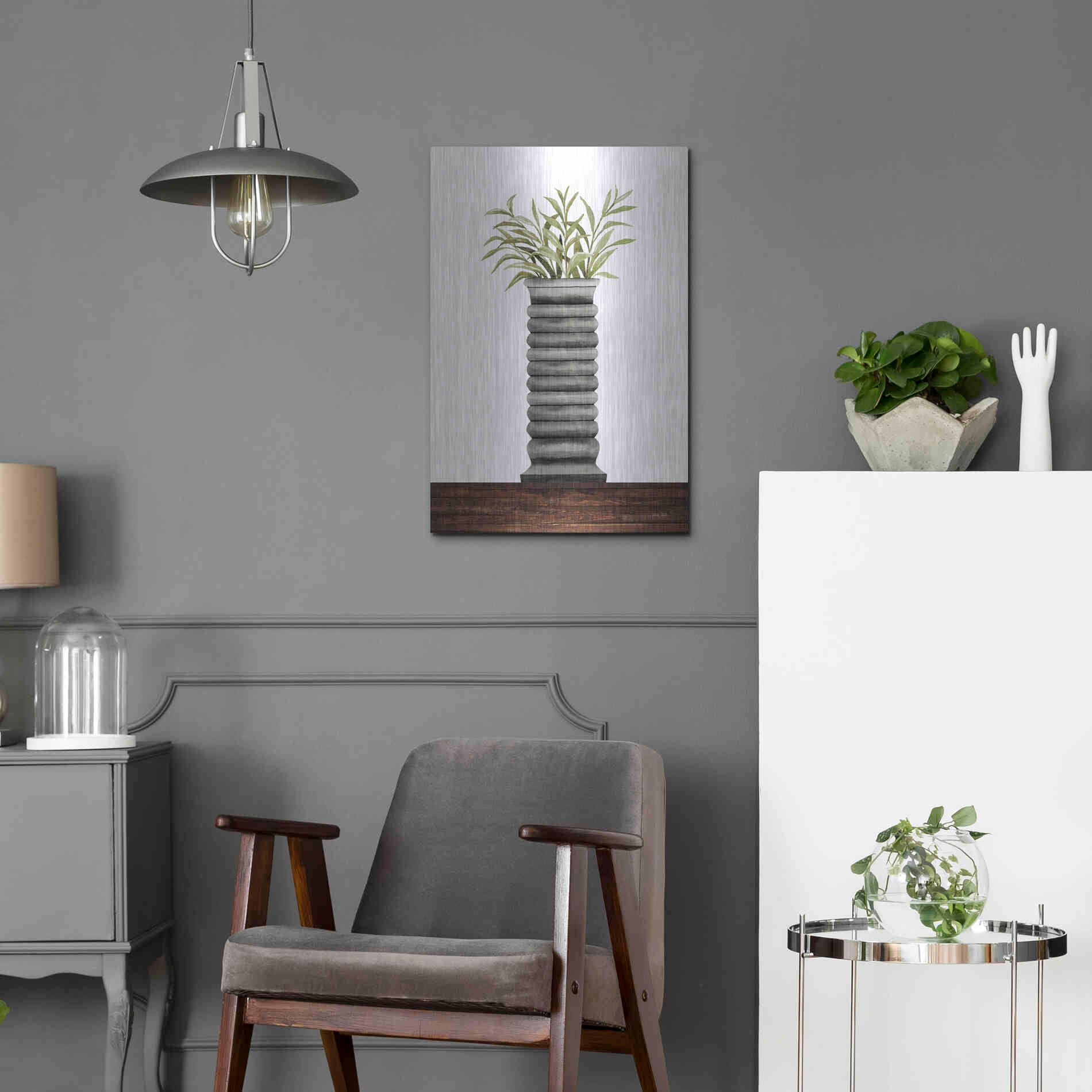 Luxe Metal Art 'Gray Vase' by Cindy Jacobs, Metal Wall Art,16x24