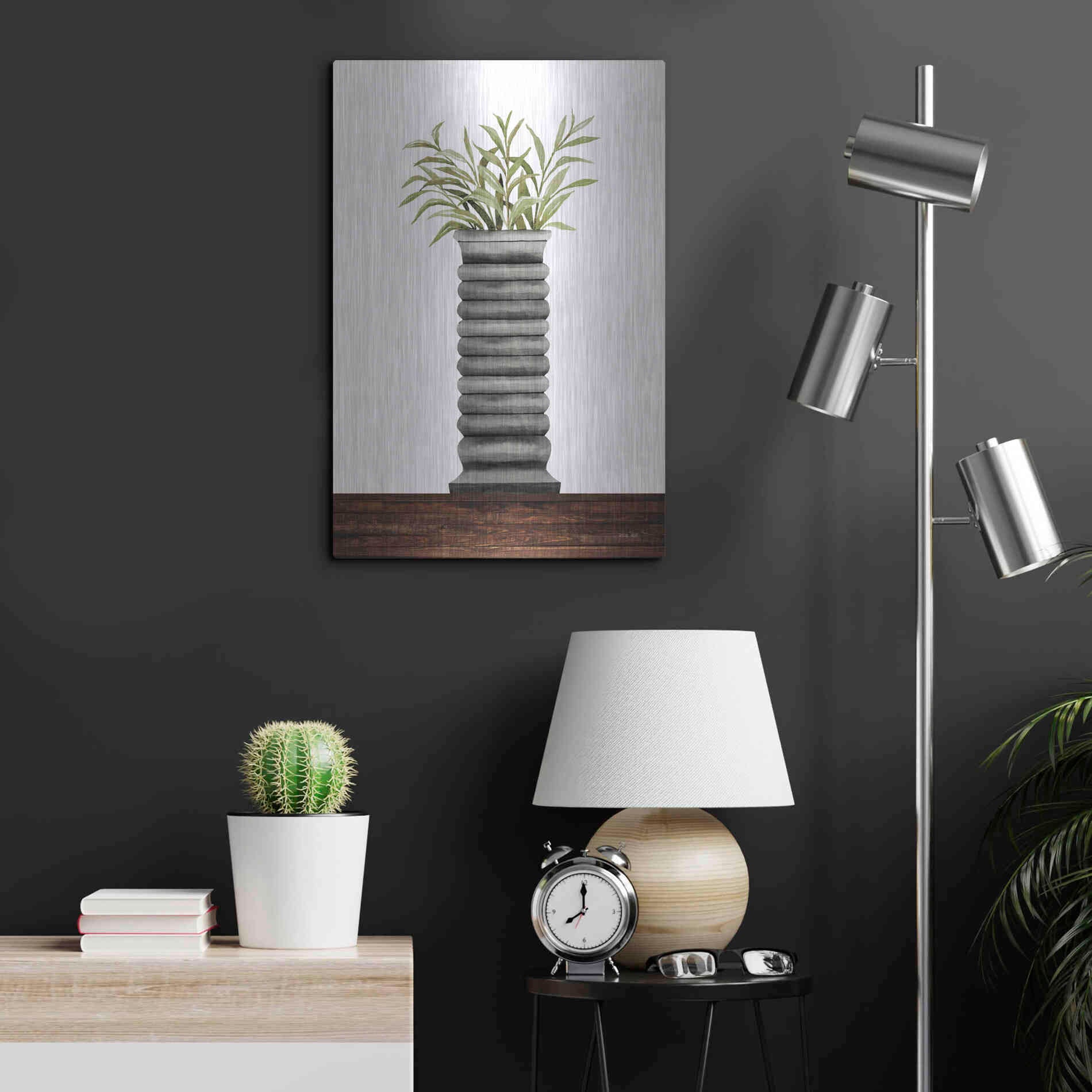Luxe Metal Art 'Gray Vase' by Cindy Jacobs, Metal Wall Art,16x24