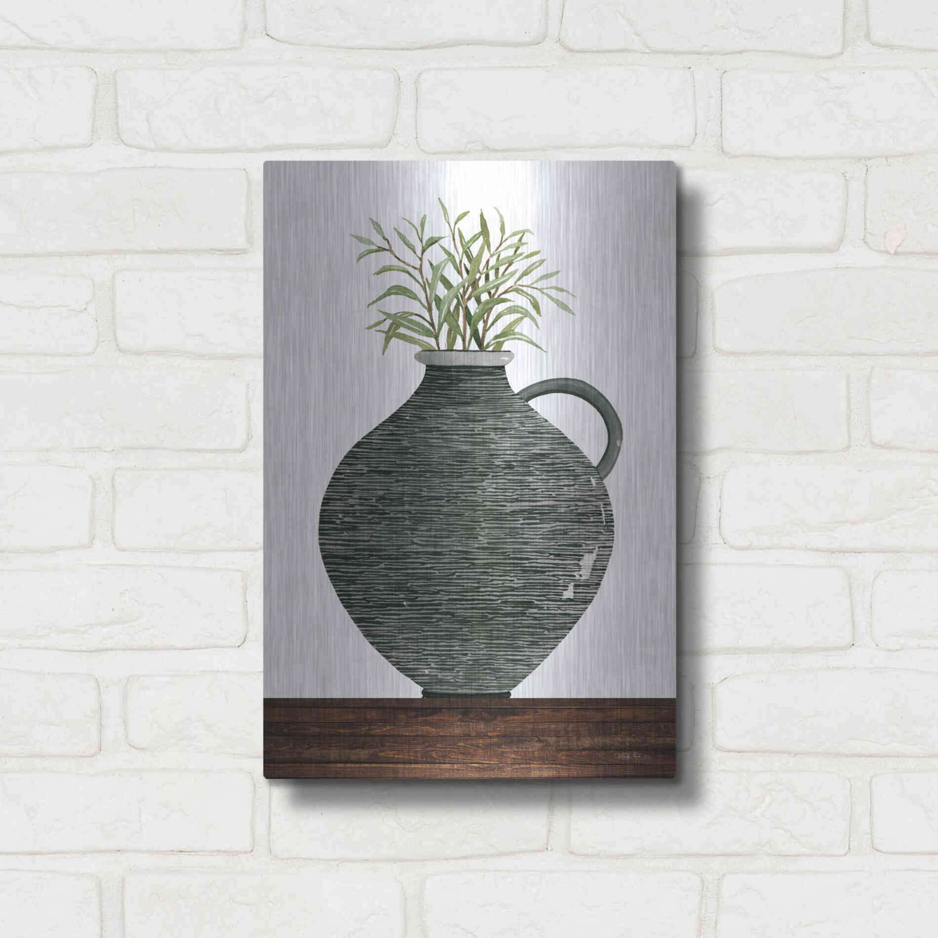 Luxe Metal Art 'Striped Pot' by Cindy Jacobs, Metal Wall Art,12x16