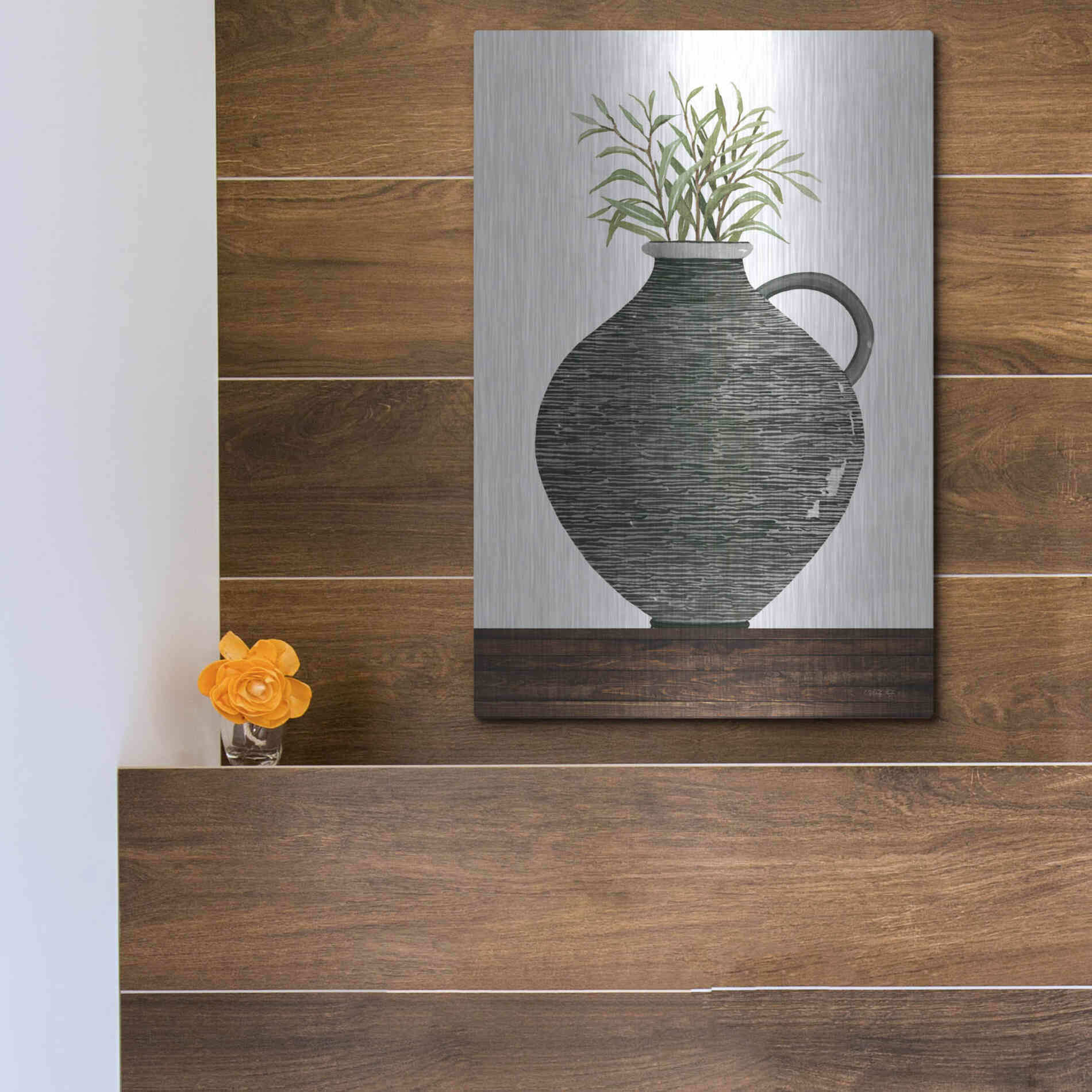 Luxe Metal Art 'Striped Pot' by Cindy Jacobs, Metal Wall Art,12x16