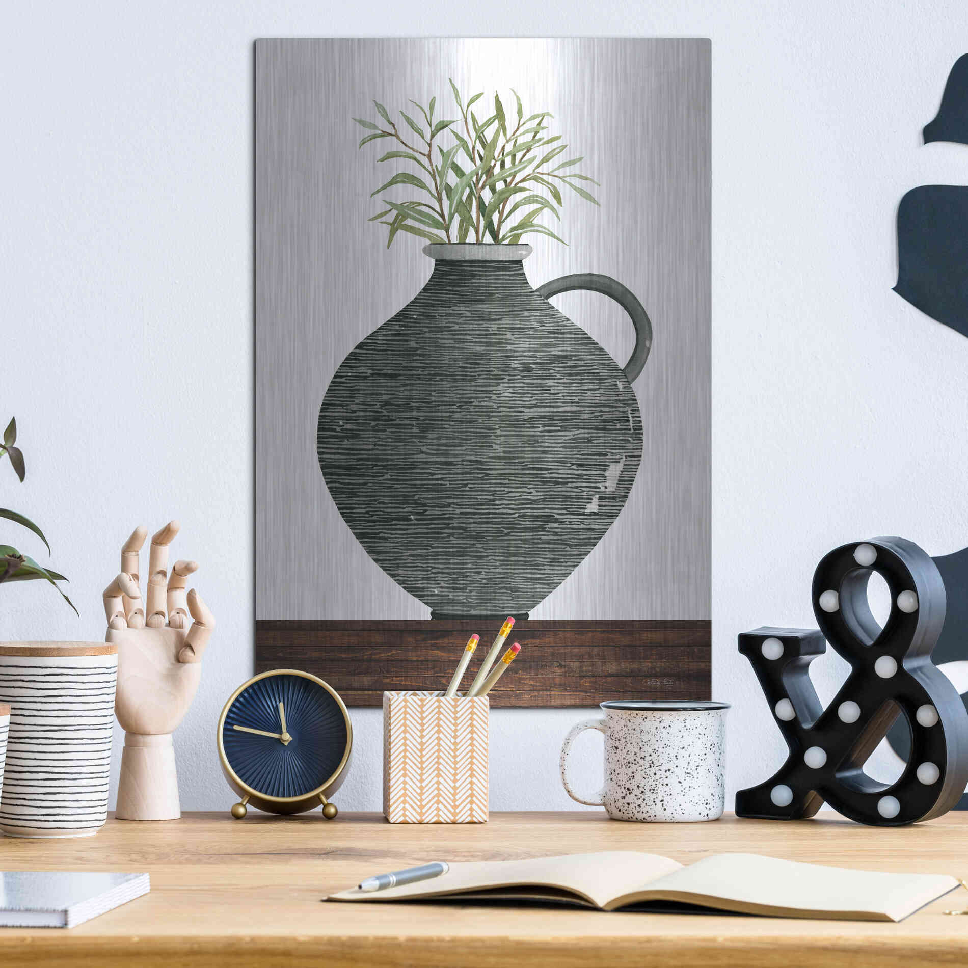 Luxe Metal Art 'Striped Pot' by Cindy Jacobs, Metal Wall Art,12x16