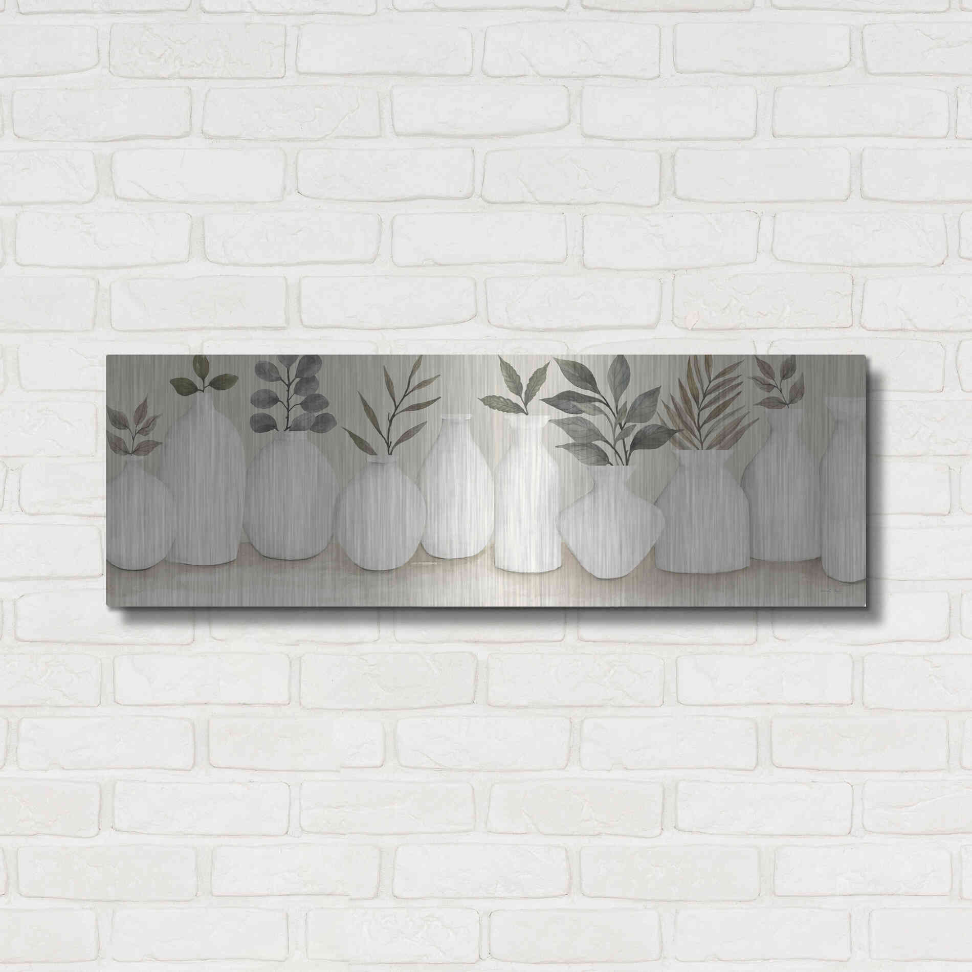 Luxe Metal Art 'Ivory Vases in a Row' by Cindy Jacobs, Metal Wall Art,36x12