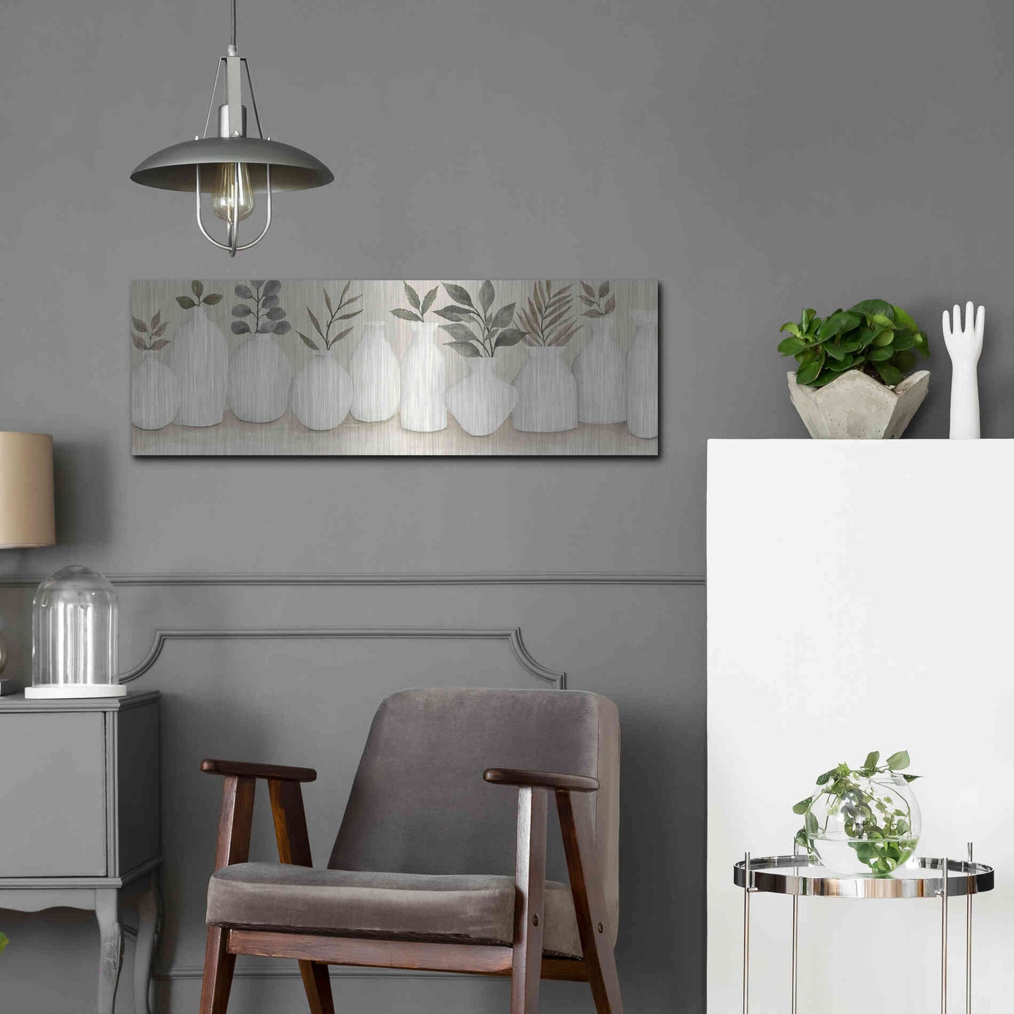 Luxe Metal Art 'Ivory Vases in a Row' by Cindy Jacobs, Metal Wall Art,36x12