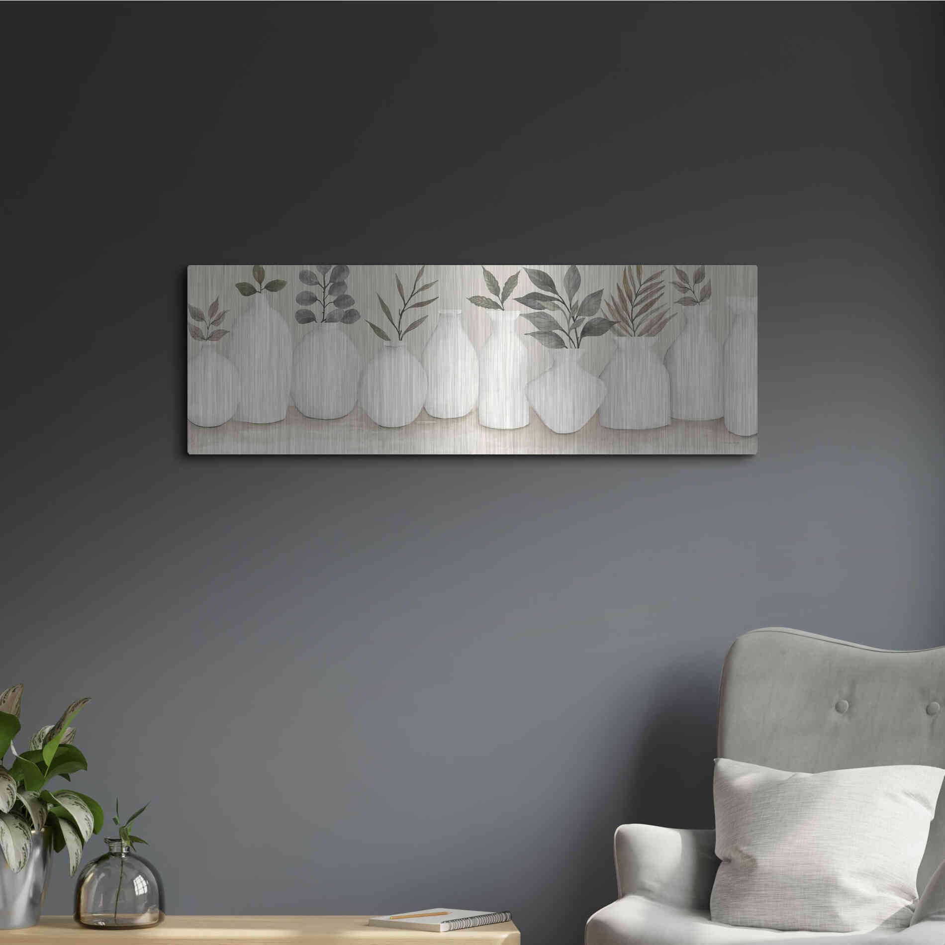 Luxe Metal Art 'Ivory Vases in a Row' by Cindy Jacobs, Metal Wall Art,36x12