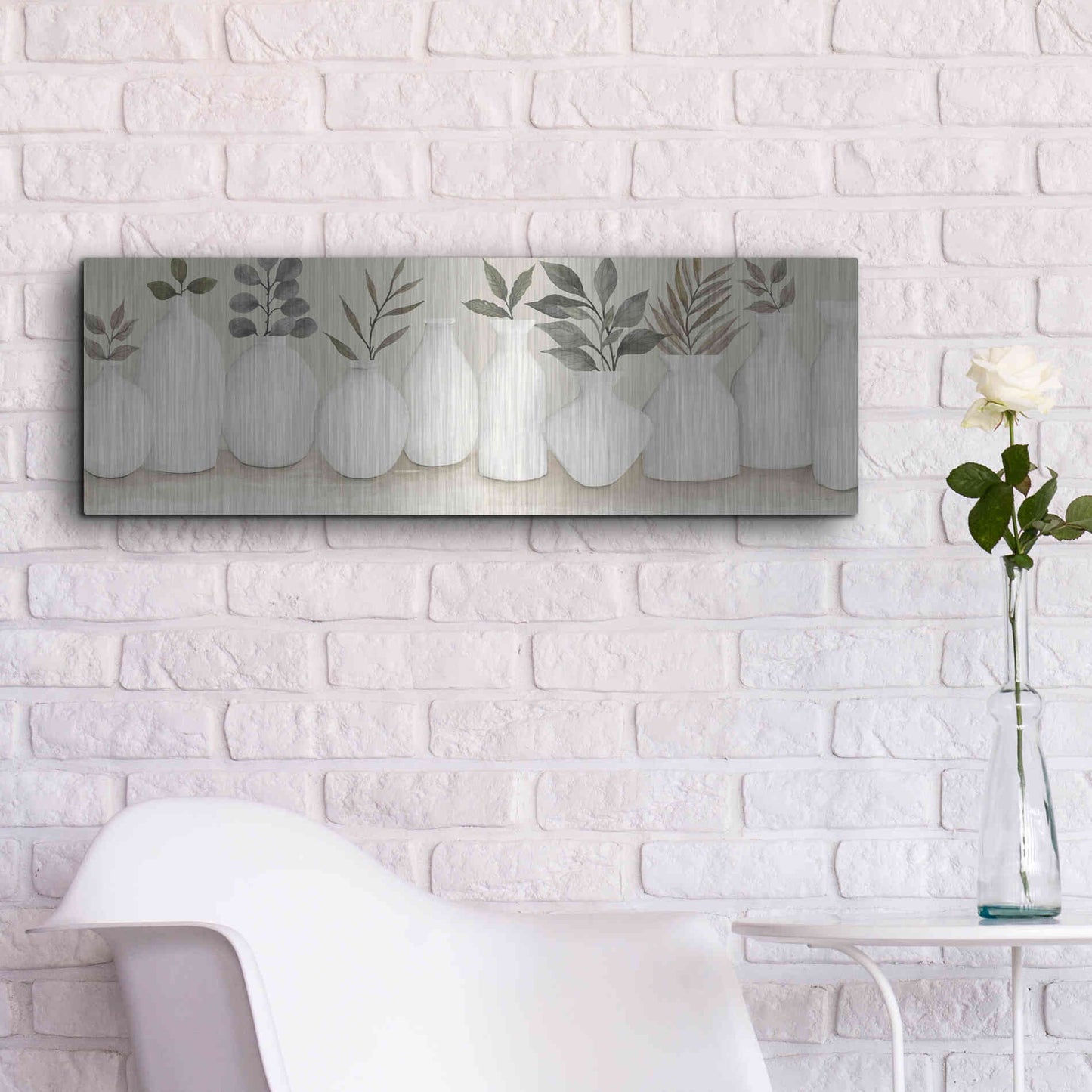 Luxe Metal Art 'Ivory Vases in a Row' by Cindy Jacobs, Metal Wall Art,36x12