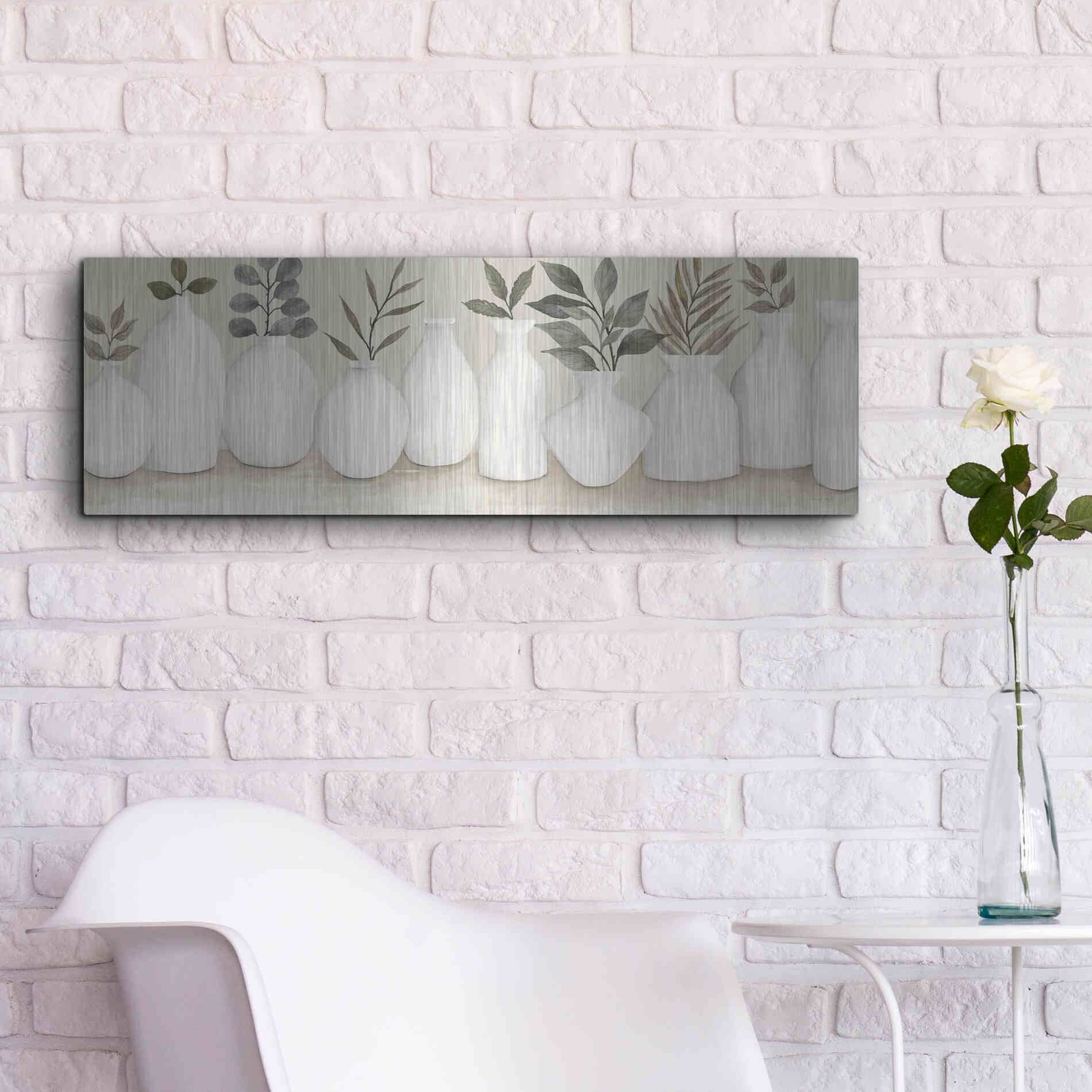 Luxe Metal Art 'Ivory Vases in a Row' by Cindy Jacobs, Metal Wall Art,36x12