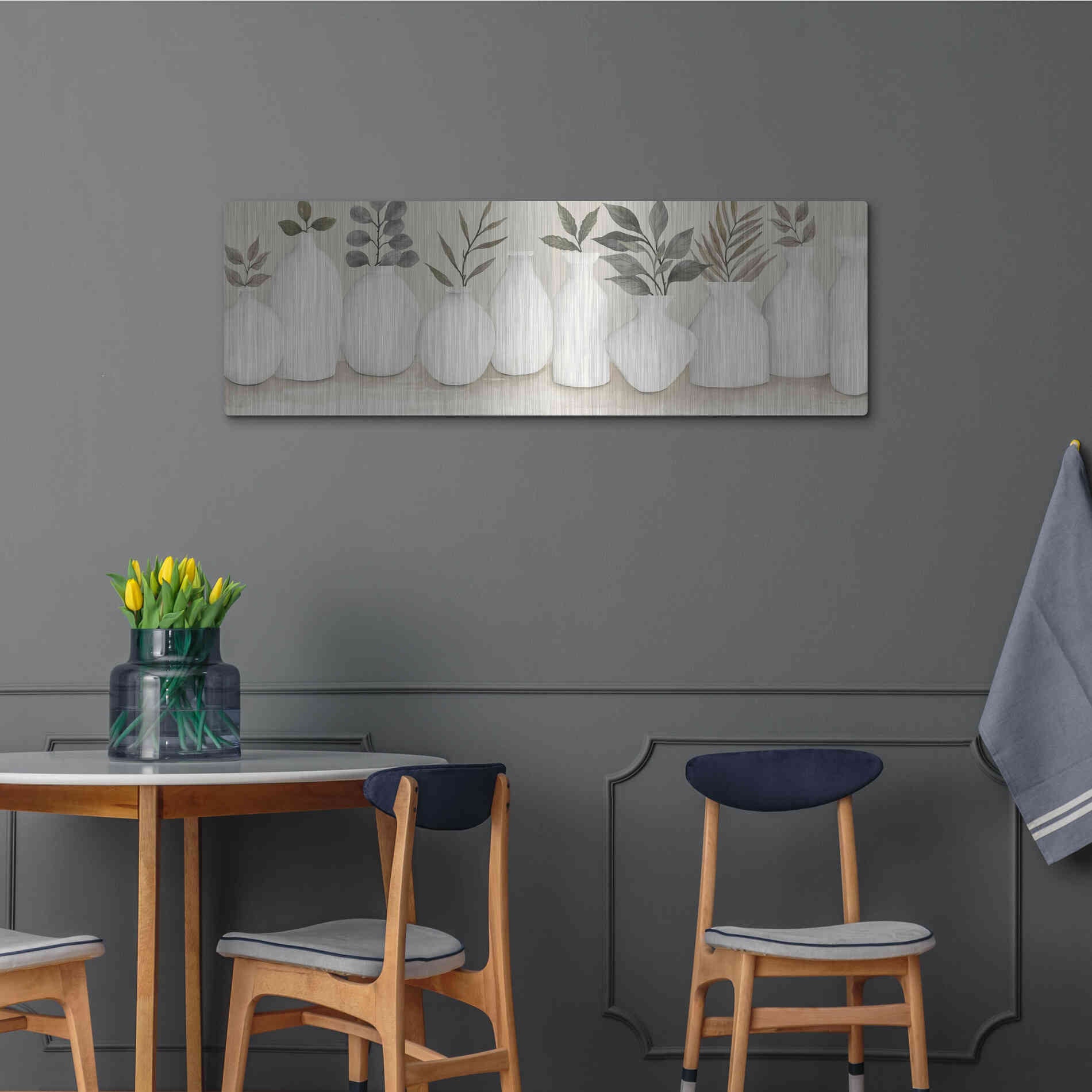 Luxe Metal Art 'Ivory Vases in a Row' by Cindy Jacobs, Metal Wall Art,48x16