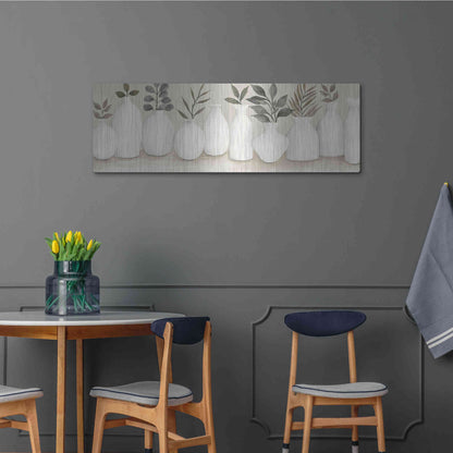Luxe Metal Art 'Ivory Vases in a Row' by Cindy Jacobs, Metal Wall Art,48x16