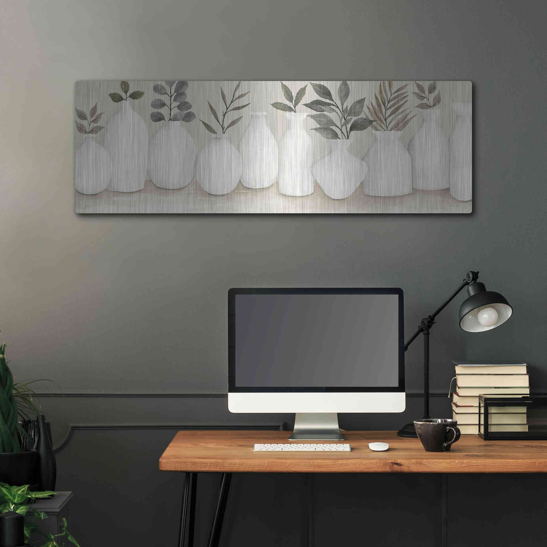 Luxe Metal Art 'Ivory Vases in a Row' by Cindy Jacobs, Metal Wall Art,48x16