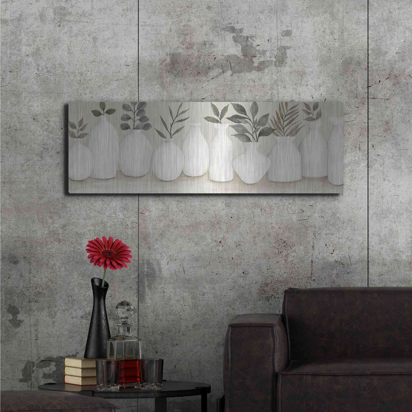 Luxe Metal Art 'Ivory Vases in a Row' by Cindy Jacobs, Metal Wall Art,48x16