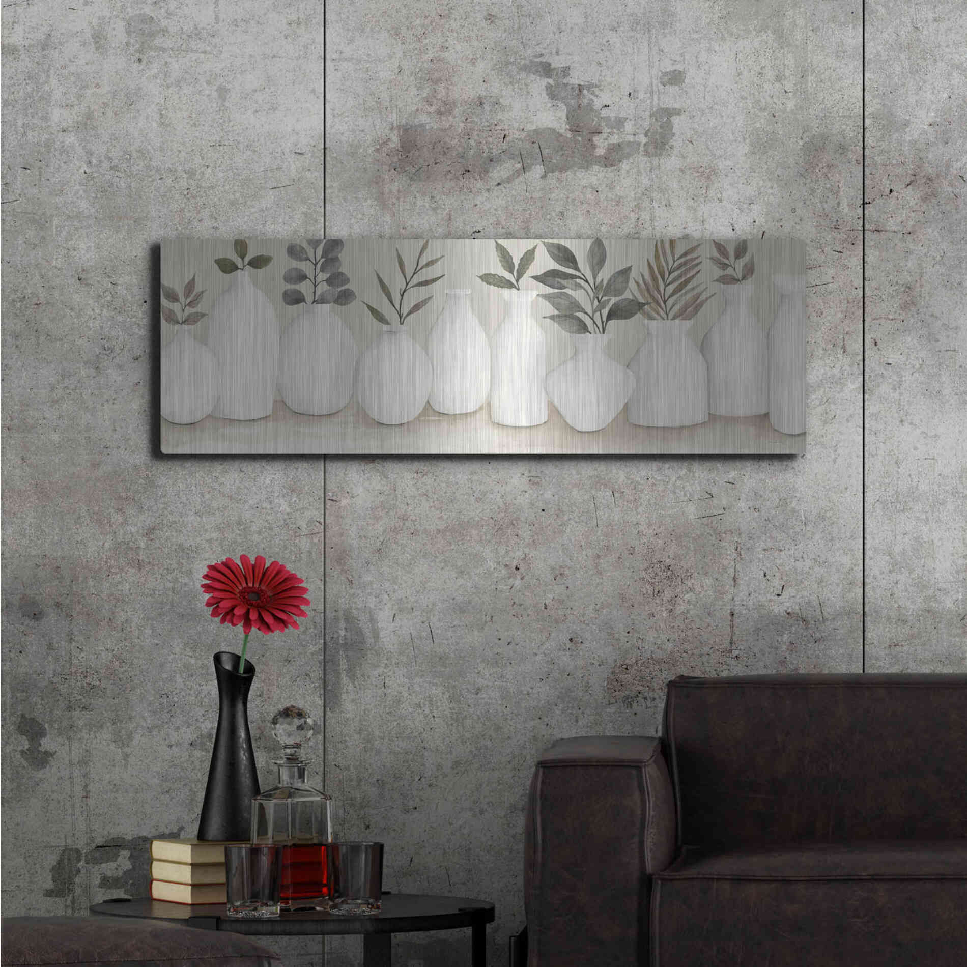 Luxe Metal Art 'Ivory Vases in a Row' by Cindy Jacobs, Metal Wall Art,48x16