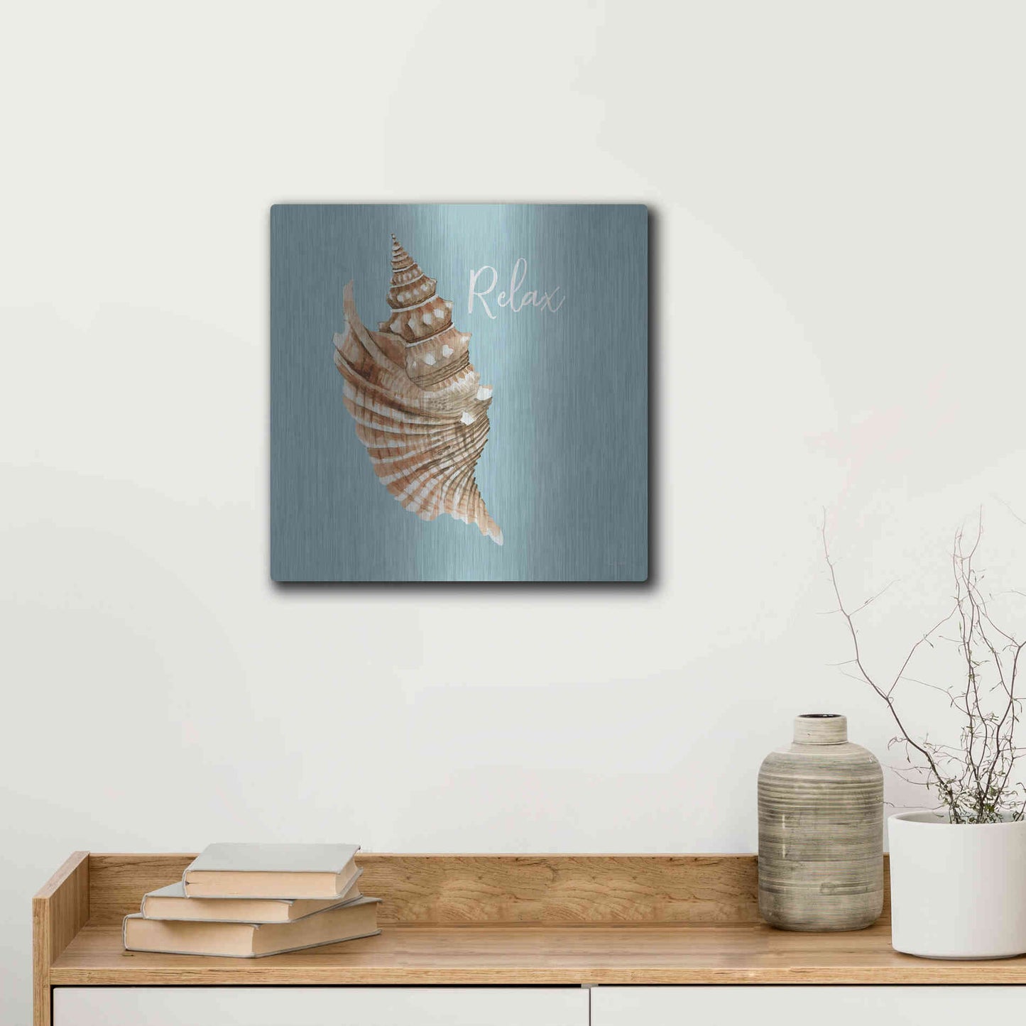 Luxe Metal Art 'Relax Seashell' by Cindy Jacobs, Metal Wall Art,12x12