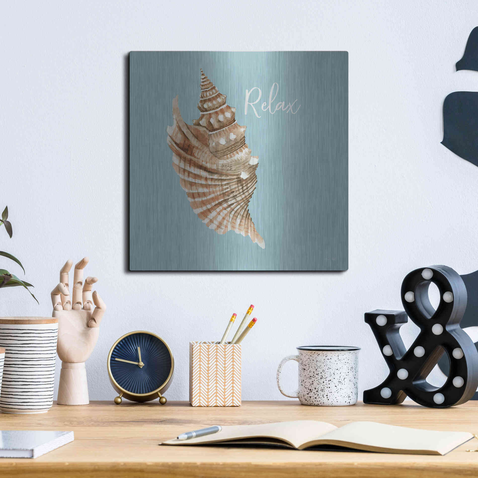 Luxe Metal Art 'Relax Seashell' by Cindy Jacobs, Metal Wall Art,12x12