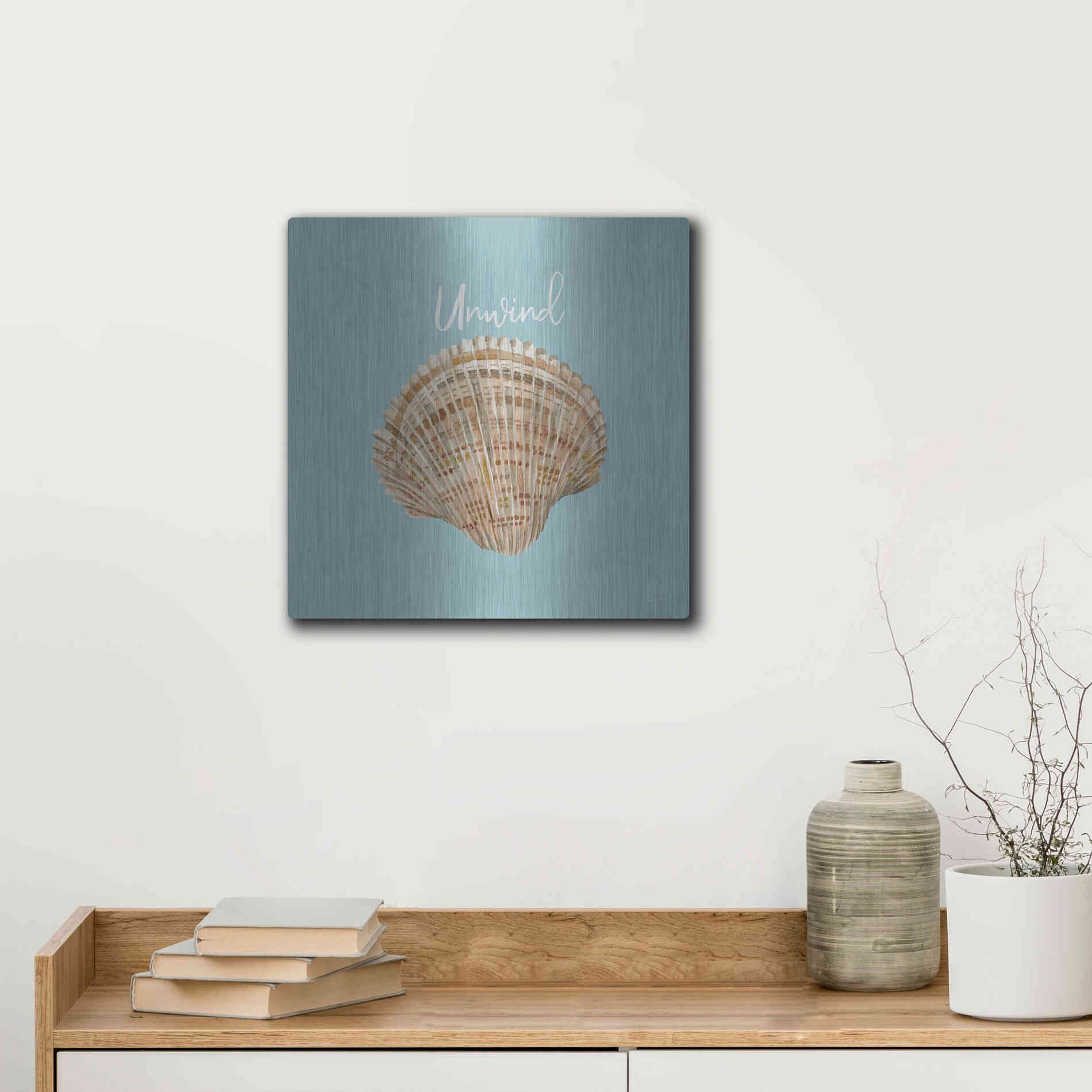 Luxe Metal Art 'Unwind Seashell' by Cindy Jacobs, Metal Wall Art,12x12