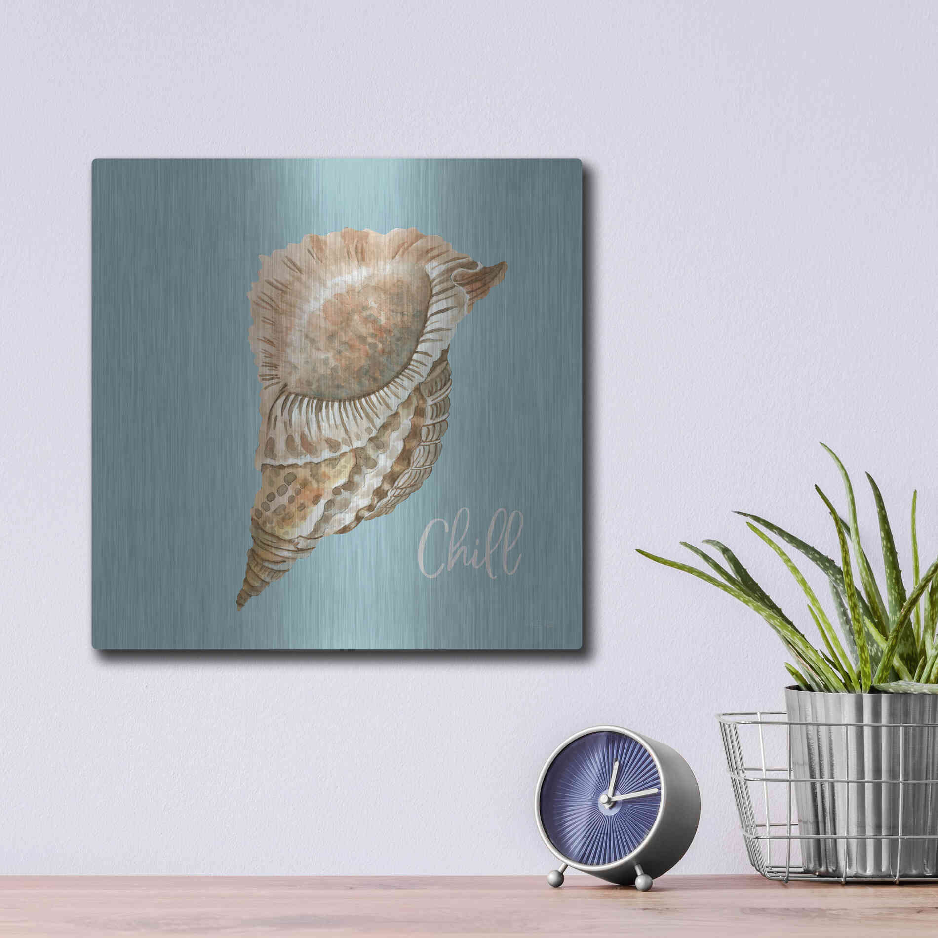 Luxe Metal Art 'Chill Seashell' by Cindy Jacobs, Metal Wall Art,12x12