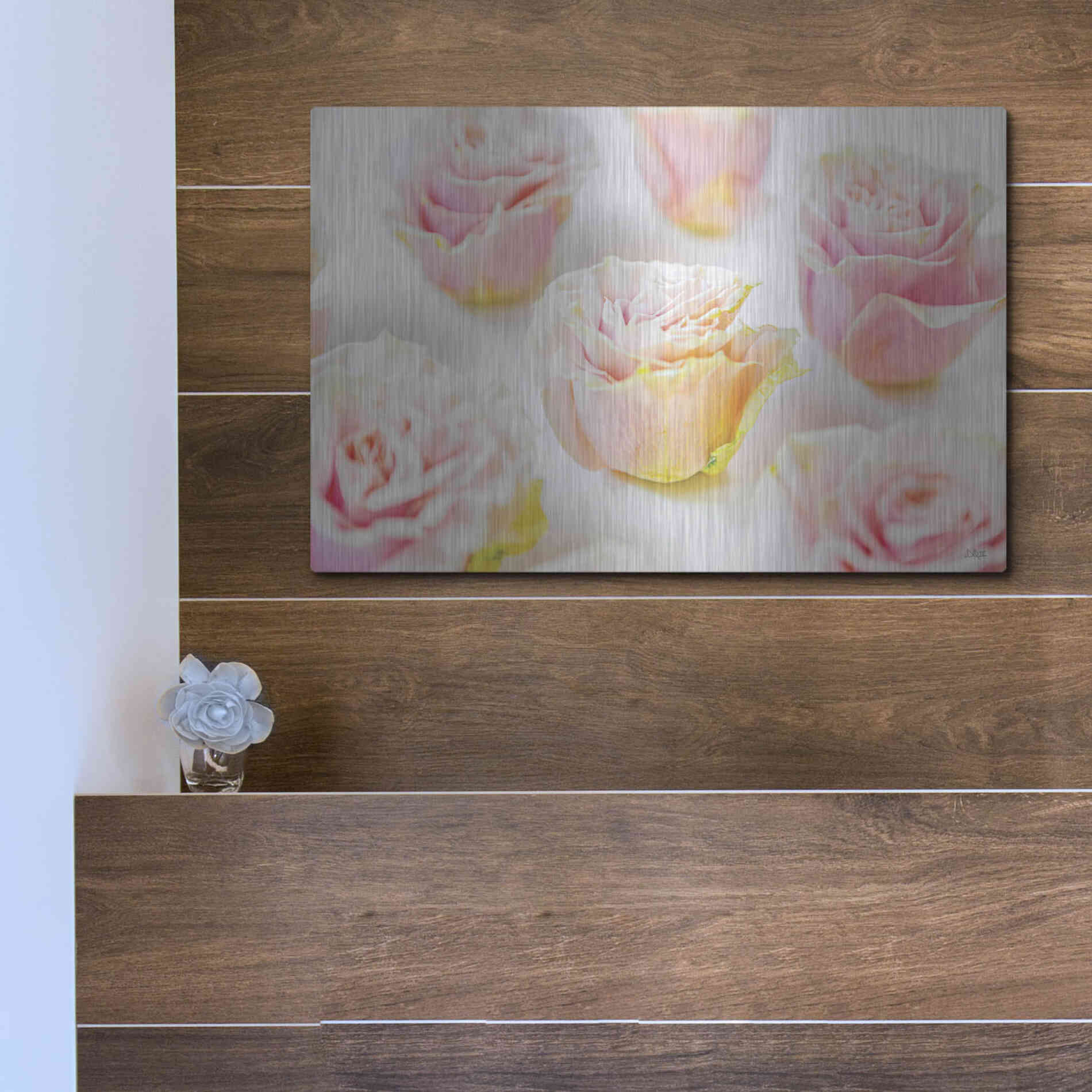 Luxe Metal Art 'Pale Pink Rose Blooms III' by Donnie Quillen, Metal Wall Art,16x12