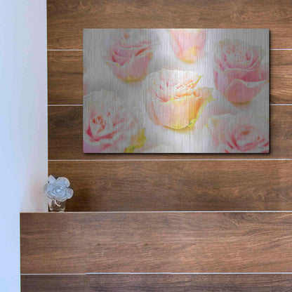 Luxe Metal Art 'Pale Pink Rose Blooms III' by Donnie Quillen, Metal Wall Art,16x12