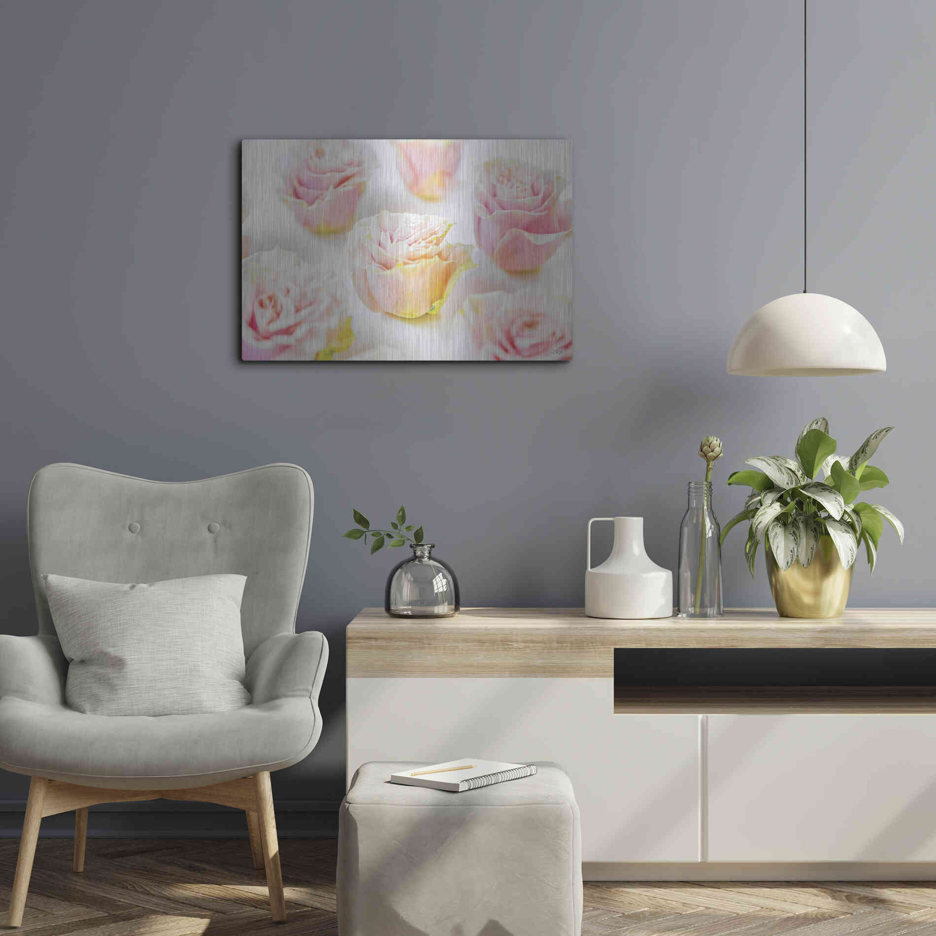 Luxe Metal Art 'Pale Pink Rose Blooms III' by Donnie Quillen, Metal Wall Art,24x16