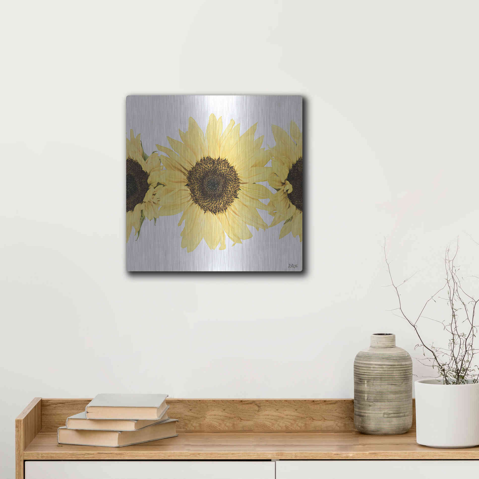 Luxe Metal Art 'Sunflowers in a Row I' by Donnie Quillen, Metal Wall Art,12x12